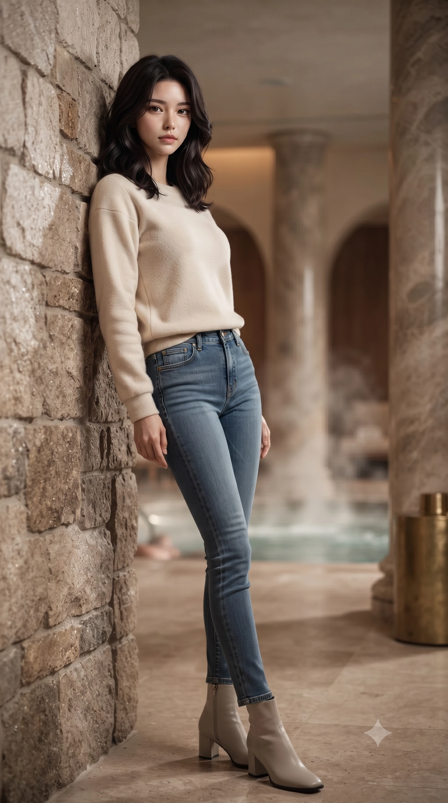 score_9, masterpiece, best quality, ultra-detailed, high-budget anime keyframe, editorial fashion photography, tasteful artistic composition, Korean woman. low angle full-body shot from head to toe showing her feet, filling the entire 9:16 vertical frame with her statuesque presence, stretching her vertical silhouette. leaning back against a rustic stone wall, casting a slow, alluring gaze at the camera the background shows a soft-focus a high-end wellness spa room in a desert resort with stone pillars and steam. She has an absolutely perfect, statuesque 8.5-heads proportion, an exceptionally tall and slender model-like female figure with impossibly long slender legs and an ultra-slim waist. sharp v-shaped jawline, high-bridge nose, intricate jewel-like eyes with depth, thick eyelashes, glossy lips with a natural sheen. wearing a tailored comfortable cream fleece sweater over blue denim jeans. low-contrast, soft warm ambient uplight casting a peaceful glow. ultra-reflective glossy finish, specular highlights, metallic sheen, high-contrast stereoscopic depth, volumetric dynamic lighting, 2k, ultra detail, master piece, 9:16 ratio