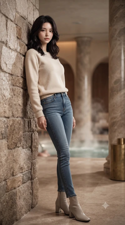 score_9, masterpiece, best quality, ultra-detailed, high-budget anime keyframe, editorial fashion photography, tasteful artistic composition, Korean woman. low angle full-body shot from head to toe showing her feet, filling the entire 9:16 vertical f