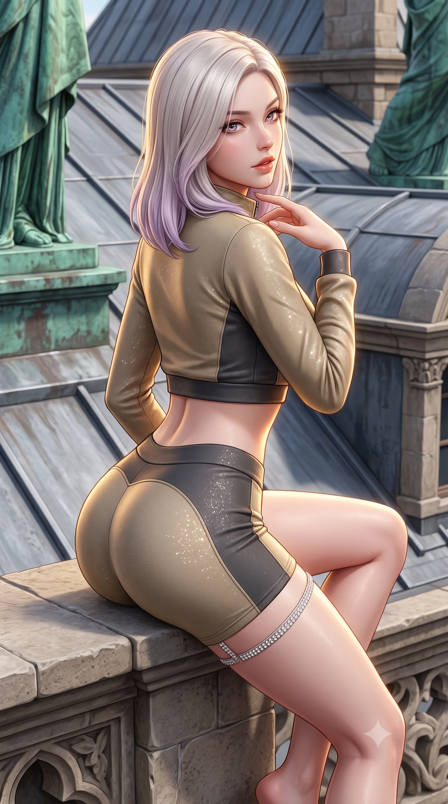 score_9, masterpiece, best quality, ultra-detailed, high-budget anime keyframe, semi-realistic 3D game render, editorial fashion photography, tasteful artistic composition, Caucasian woman. close-up cowboy shot from the waist and thighs up, the character dominates the composition, filling the frame with her large presence. posing in an alluring rear three-quarter angle, looking over a bare shoulder with parted glossy lips, her hips cocked back to highlight her slim hourglass curve while perched sideways on the stone ledge with legs crossed, one hand touching her throat with an enchanting, parted-lip smile. The surrounding environment is rendered in vivid detail and crisp panoramic clarity: sharp zinc roof seam textures, patinated green copper statue details, and stone parapet carvings in deep focus. She has an exceptionally elegant, slender, and willowy female figure with an ultra-slim waist, flat toned midriff, narrow ribcage, and sculpted feminine hips creating an alluring, slim hourglass silhouette without bulk. sharp v-shaped jawline, high-bridge nose, sparkling eyes with hypnotic seductive depth, thick curled eyelashes, glossy parted lips with a natural dewy peach sheen, alluring bedroom-eyes with an enchanting coquettish smile, exuding magnetic siren charisma and sophisticated glamour, flawlessly proportioned anatomical accuracy, strict slender model proportions, natural body alignment, perfectly sculpted long slender limbs, ultra-slim waistline, clean dynamic posture without body distortion. wearing a modern two-piece tactical siren set featuring a zip-front bolero jacket and curve-hugging compression hot-pants in tactical desert sand khaki and matte carbon grey, woven from stretch metallic lurex jersey casting radiant starlight glints across her silhouette, finished with delicate crystal-encrusted thigh garter straps glinting under the lights, the glove-like clinging cut tightly following the natural contour of her hips and long slender legs with youthful 8.5-heads elegance. illuminated by zinc roof specular bounce and sharp warm-gold rim lights defining her razor-sharp jawline, flat midriff, and curvy hips. highly saturated vibrant anime colors, detailed shading with soft gradients, rich glossy textures, high-contrast stereoscopic depth, volumetric dynamic lighting, master piece, 9:16 ratio