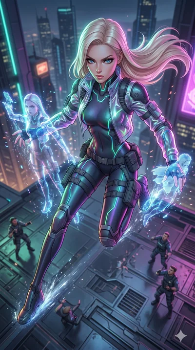 score_9, masterpiece, best quality, ultra-detailed, semi-realistic 3D game render, high-fidelity textures, Unreal Engine 5 style, Korean woman. Extreme high angle shot as she leaps towards the camera, filling the frame. assembling a holographic decoy
