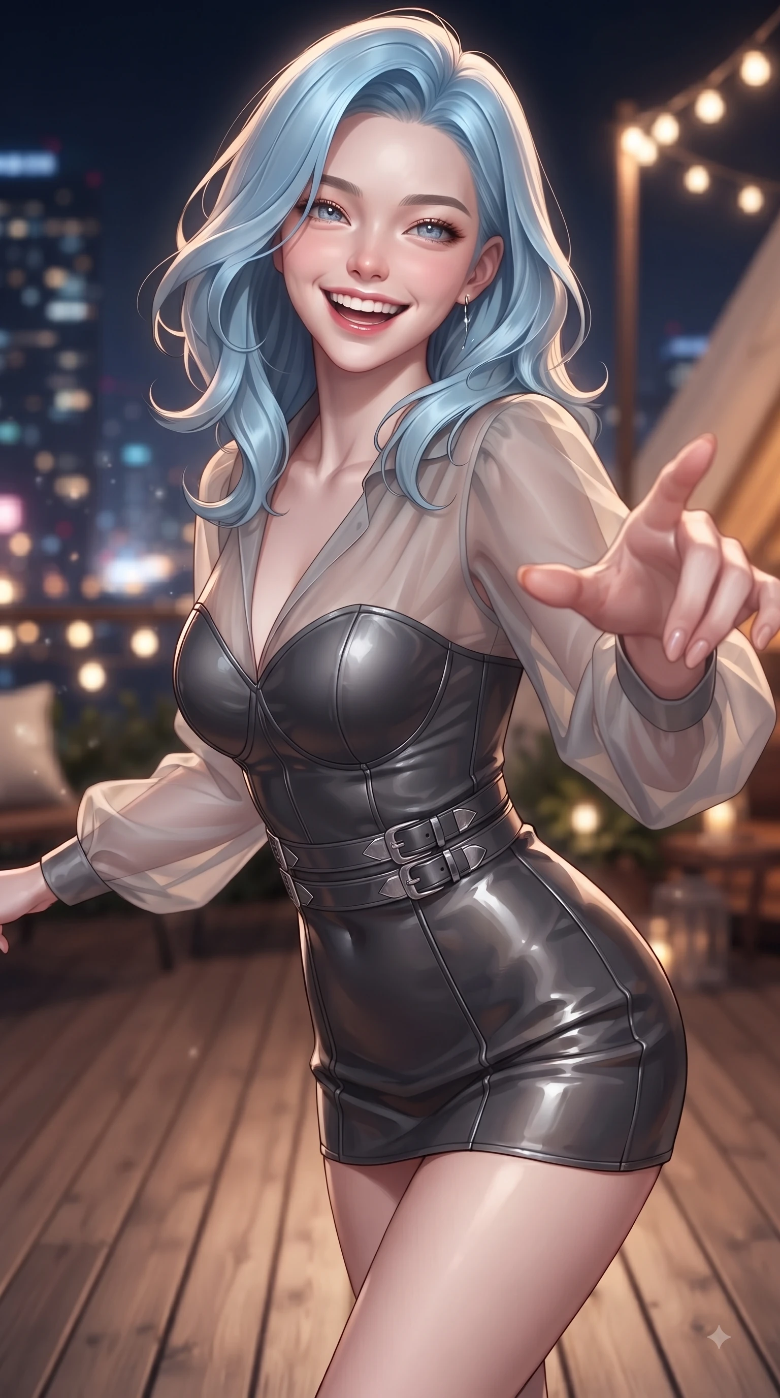 score_9, masterpiece, best quality, ultra-detailed, high-budget anime keyframe, editorial fashion photography, tasteful artistic composition, Korean woman. close-up cowboy shot from the waist and thighs up, the character dominates the composition, filling the frame with her large presence, background elements kept in soft focus. Tilting her chin up with a beaming smile of pure delight while balancing dynamically amidst the scene while reaching her hand toward the camera while dancing on a wooden glamping terrace, glistening city lights and warm string fairy lamps creating rich ambient bokeh. She has an exceptionally elegant, slender, and willowy female figure with an ultra-slim waist, a gracefully sculpted slender torso, and a refined silhouette. sharp v-shaped jawline, high-bridge nose, intricate jewel-like eyes with depth, thick eyelashes, glossy lips with a natural sheen, flawlessly proportioned anatomical accuracy, natural body alignment, perfectly sculpted elegant limbs, clean dynamic posture without body distortion. wearing a tailored leather bustier over a sheer silk chiffon blouse in charcoal grey and platinum, made of premium stretch velvet with a rich sheen, detailed with polished silver buckles along the waistline, the elegant draped fit framing her graceful clavicle and slender torso. surrounded by an electric, joyful party atmosphere with high specular shine. ultra-reflective glossy finish, specular highlights, metallic sheen, high-contrast stereoscopic depth, volumetric dynamic lighting, 2k, ultra detail, master piece, 9:16 ratio