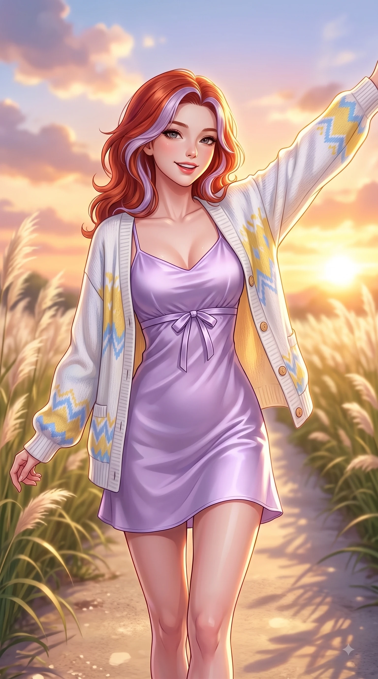 score_9, masterpiece, best quality, ultra-detailed, high-budget anime keyframe, editorial fashion photography, tasteful artistic composition, Caucasian woman. close-up cowboy shot from the waist and thighs up, the character dominates the composition, filling the frame with her large presence. Extending one arm in an elegant stretch toward the light while smiling with vibrant, youthful self-assurance while walking cheerfully along a park pathway bordered by swaying pampas grass as sunset light paints the sky. The composition keeps background elements in soft focus with dreamy bokeh. swaying pampas grass and glowing sunset clouds softened in a dreamy background focus. She has an exceptionally elegant, slender, and willowy female figure with an ultra-slim waist, a gracefully sculpted slender torso, and a refined silhouette. sharp v-shaped jawline, high-bridge nose, intricate jewel-like eyes with depth, thick eyelashes, glossy lips with a natural sheen, flawlessly proportioned anatomical accuracy, natural body alignment, perfectly sculpted elegant limbs, clean dynamic posture without body distortion. wearing a graceful lavender satin slip dress layered under a loose soft white knit cardigan in sunny daffodil yellow and clear sky blue, crafted from smooth fluid silk satin, accented with a dainty waist ribbon bow, the tailored casual silhouette highlighting her fresh and youthful presence. illuminated by soft glowing sunset reflections with cheerful golden rim lights. highly saturated vibrant anime colors, detailed shading with soft gradients, rich glossy textures, high-contrast stereoscopic depth, volumetric dynamic lighting, master piece, 9:16 ratio