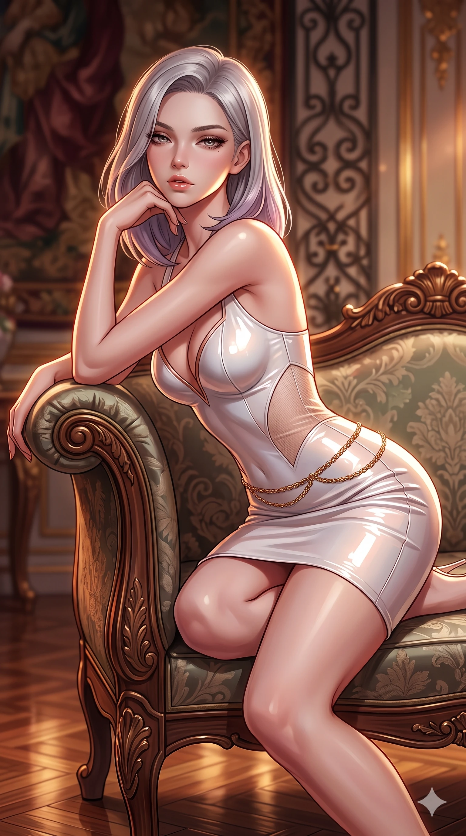 score_9, masterpiece, best quality, ultra-detailed, high-budget anime keyframe, semi-realistic 3D game render, editorial fashion photography, tasteful artistic composition, Caucasian woman. close-up cowboy shot from the waist and thighs up, the character dominates the composition, filling the frame with her large presence. perched sideways on the vintage settee, one knee drawn up to showcase her slender leg line while her arched back accentuates her feminine hip curve while resting one elbow on the carved settee armrest and supporting her chin, leaning close to the camera with heavy-lidded smoldering bedroom-eyes. The background shows a soft-focus hand-woven French silk tapestries, antique wrought-iron scrollwork, and gilded salon wainscoting blurred into burgundy, bronze, and sage bokeh. She has an exceptionally elegant, slender, and willowy female figure with an ultra-slim waist, flat toned midriff, narrow ribcage, and sculpted feminine hips creating an alluring, slim hourglass silhouette without bulk. sharp v-shaped jawline, high-bridge nose, intricate jewel-like sparkling eyes with depth, thick eyelashes, glossy parted lips with a natural sheen, intensely captivating and seductive bedroom-eyes expression, exuding both youthful cute charm and sovereign luxury allure, flawlessly proportioned anatomical accuracy, strict slender model proportions, natural body alignment, perfectly sculpted long slender limbs, ultra-slim waistline, clean dynamic posture without body distortion. wearing an alluring plunging sweetheart bodice dress with sheer mesh side-waist cutouts contouring her ribs in celestial porcelain white and rose-gold, tailored from high-gloss patent leather with mirror-like specular highlights, accented with a delicate gold chain belt resting loosely on her curvy hips, the form-contouring material adhering flawlessly to her sculpted flat midriff and slender torso, emphasizing her long leg lines and perfectly proportioned willowy build. illuminated by polished parquet bounce and sharp bronze-amber rim lights sculpting her razor-sharp jawline, narrow waist, and curvy hips. highly saturated vibrant anime colors, detailed shading with soft gradients, rich glossy textures, high-contrast stereoscopic depth, volumetric dynamic lighting, master piece, 9:16 ratio