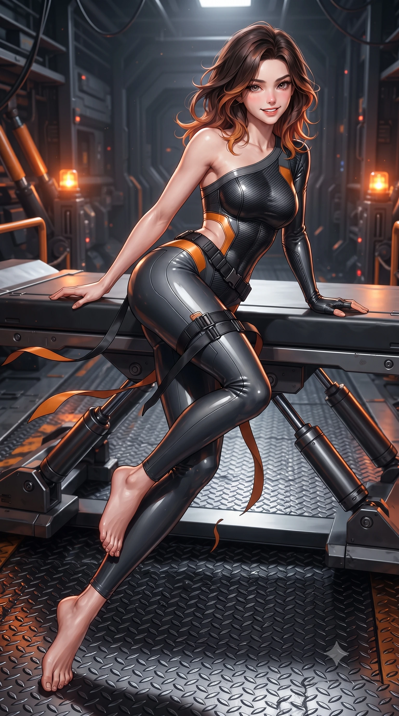 score_9, masterpiece, best quality, ultra-detailed, high-budget anime keyframe, editorial fashion photography, tasteful artistic composition, Korean woman. low angle full-body shot from head to toe showing her feet, filling the entire 9:16 vertical frame with her statuesque presence, stretching her vertical silhouette. executing a cheerful mid-motion pivot turn as her tactical belt and ribbons flutter around her slender legs, glancing over her shoulder with an intoxicating, teasing bedroom-gaze while lounging gracefully on a titanium gantry bench propped on one elbow, her flat midriff and long slender legs glowing in warm fusion flares. The surrounding environment is rendered in vivid detail and crisp panoramic clarity: sharp diamond-tread steel catwalk grating, heavy hydraulic piston textures, and glowing warning beacon clarity in deep focus. She has an absolutely perfect, statuesque 8.5-heads proportion, an exceptionally tall and slender model-like female figure with impossibly long slender legs, an ultra-slim waist, a flat toned midriff, narrow delicate ribcage, and beautifully sculpted feminine hips creating a graceful, slim hourglass silhouette without any bulky heaviness. sharp v-shaped jawline, high-bridge nose, intricate jewel-like sparkling eyes with depth, thick eyelashes, glossy parted lips with a natural sheen, bright confident smile with an enchanting and coquettish sensual glint, exuding both youthful magnetic charm and sovereign high-tech allure, flawlessly proportioned anatomical accuracy, strict slender model proportions, natural body alignment, perfectly sculpted long slender limbs, ultra-slim waistline, clean dynamic posture without body distortion. wearing an asymmetric one-shoulder combat catsuit with carbon-weave paneling and an open-waist architecture emphasizing her hips in stealth charcoal slate and molten laser orange, made of smooth liquid latex with high-contrast stereoscopic depth and wet shine, accented with subtle hexagonal heat-sink vents glowing with dim orange thermal heat, the high-waisted tailoring accentuating her ultra-slim waistline and the enchanting curve of her feminine hips with alluring dark charm. bathed in shifting orange and white plasma flares casting high-contrast chiaroscuro shadows. ultra-reflective glossy finish, specular highlights, rich textural contrasts, high-contrast stereoscopic depth, volumetric dynamic lighting, 2k, ultra detail, master piece, 9:16 ratio
