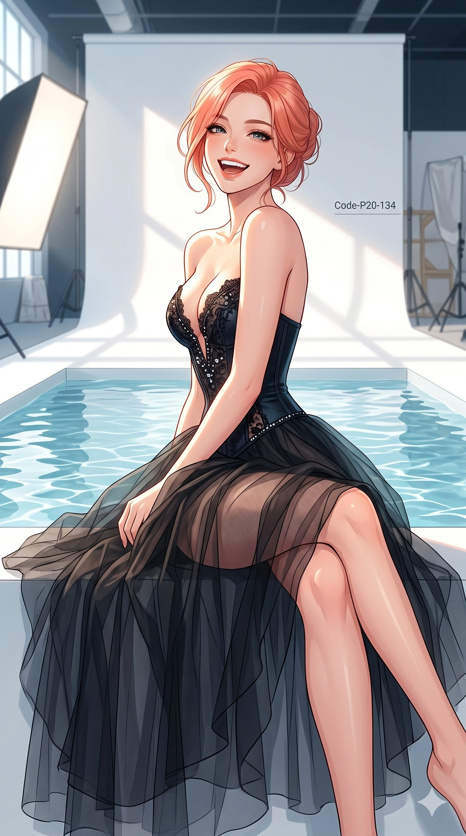 score_9, masterpiece, best quality, ultra-detailed, high-budget anime keyframe, vibrant anime aesthetic, Japanese woman. cowboy shot from the thighs up, character and outfit filling the frame for maximum presence. She is sitting by the infinity pool, looking over her shoulder with a happy laugh inside a high-fashion studio with white backdrops (Code-P20-134). She has an absolutely perfect 8-heads proportion, an exceptionally tall and slender female figure with impossibly long slender legs and an ultra-slim waist. V-shaped jawline, high-bridge nose, intricate jewel-like eyes with depth, thick eyelashes, glossy lips with a natural sheen. wearing a custom corset with a plunging neckline showing her cleavage, paired with a sheer skirt. She is illuminated by bright, direct sunbeams in a photography studio, creating clean outlines. 2k, ultra detail, master piece, 9:16 ratio