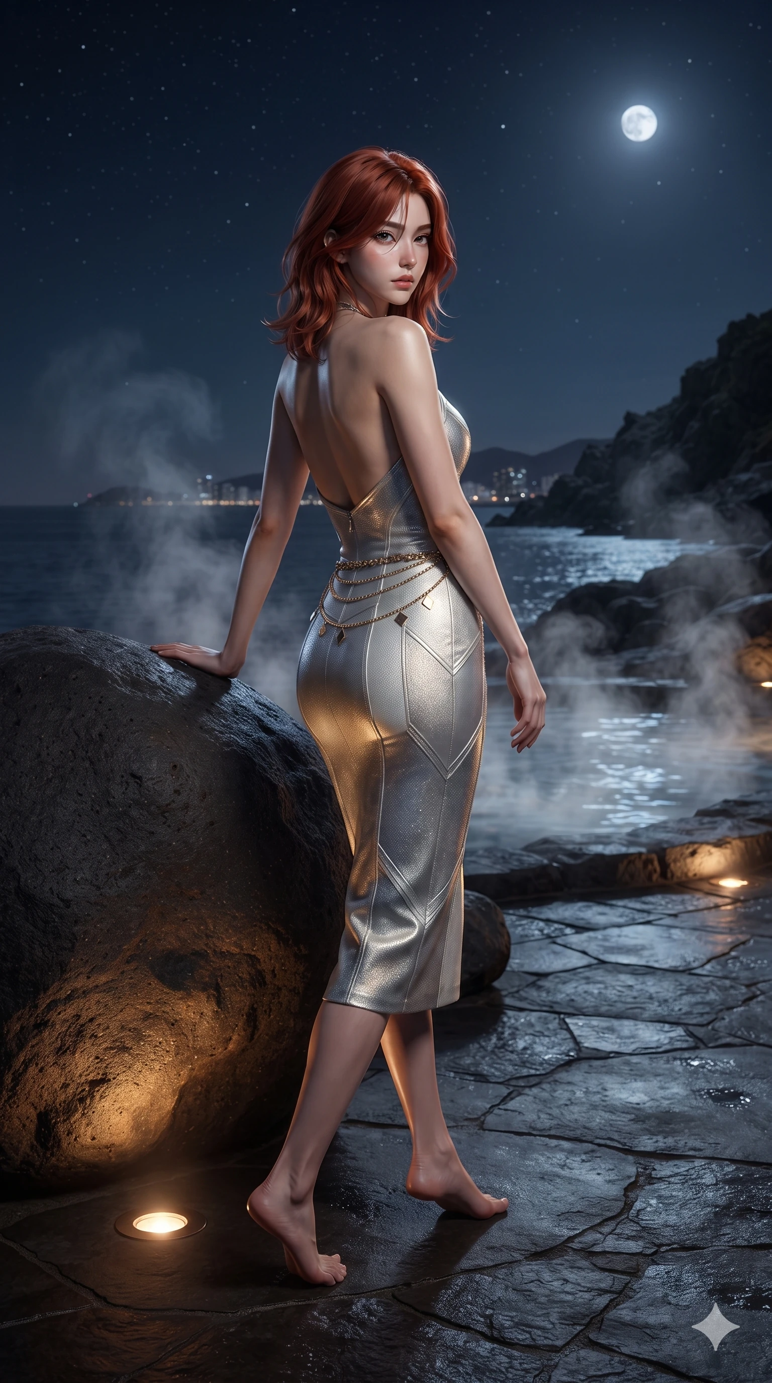 score_9, masterpiece, best quality, ultra-detailed, high-budget anime keyframe, editorial fashion photography, tasteful artistic composition, Korean woman. low angle full-body shot from head to toe showing her feet, filling the entire 9:16 vertical frame with her statuesque presence, stretching her vertical silhouette. walking along the waterfront terrace with poise, looking back over her bare shoulder with an irresistible smoldering bedroom-gaze while leaning against a smooth volcanic rock boulder with hips cocked back, looking through floating steam eddies with heavy-lidded seductive eyes. The surrounding environment is rendered in vivid detail and crisp panoramic clarity: sharp porous basalt textures, micro-water beads on skin and rock, and crisp stone fracture lines in deep focus. She has an exceptionally tall and slender model-like 8.5-heads proportion, an ultra-slim waist, a flat toned midriff, narrow delicate ribcage, and beautifully sculpted feminine hips creating a graceful, slim hourglass silhouette without any bulky heaviness, with impossibly long slender legs. sharp v-shaped jawline, high-bridge nose, intricate jewel-like sparkling eyes with depth, thick eyelashes, glossy parted lips with a natural sheen, intensely captivating and seductive bedroom-eyes expression, exuding both youthful cute charm and sovereign luxury allure, flawlessly proportioned anatomical accuracy, strict slender model proportions, natural body alignment, perfectly sculpted long slender limbs, ultra-slim waistline, clean dynamic posture without body distortion. wearing a glove-like stretch lambskin leather sheath dress accentuating her ultra-slim waistline without bulk in shimmering silver mercury and pearl white, woven from stretch metallic lurex jersey casting radiant starlight glints across her curves, accented with a delicate gold chain belt resting loosely on her curvy hips, the impeccably tailored cut draping gracefully along her slender figure with aristocratic poise. bathed in the warm, moody ambient light of concealed rock-recessed spotlights combined with the soft silver glow of the moon. ultra-reflective glossy finish, specular highlights, rich textural contrasts, high-contrast stereoscopic depth, volumetric dynamic lighting, 2k, ultra detail, master piece, 9:16 ratio