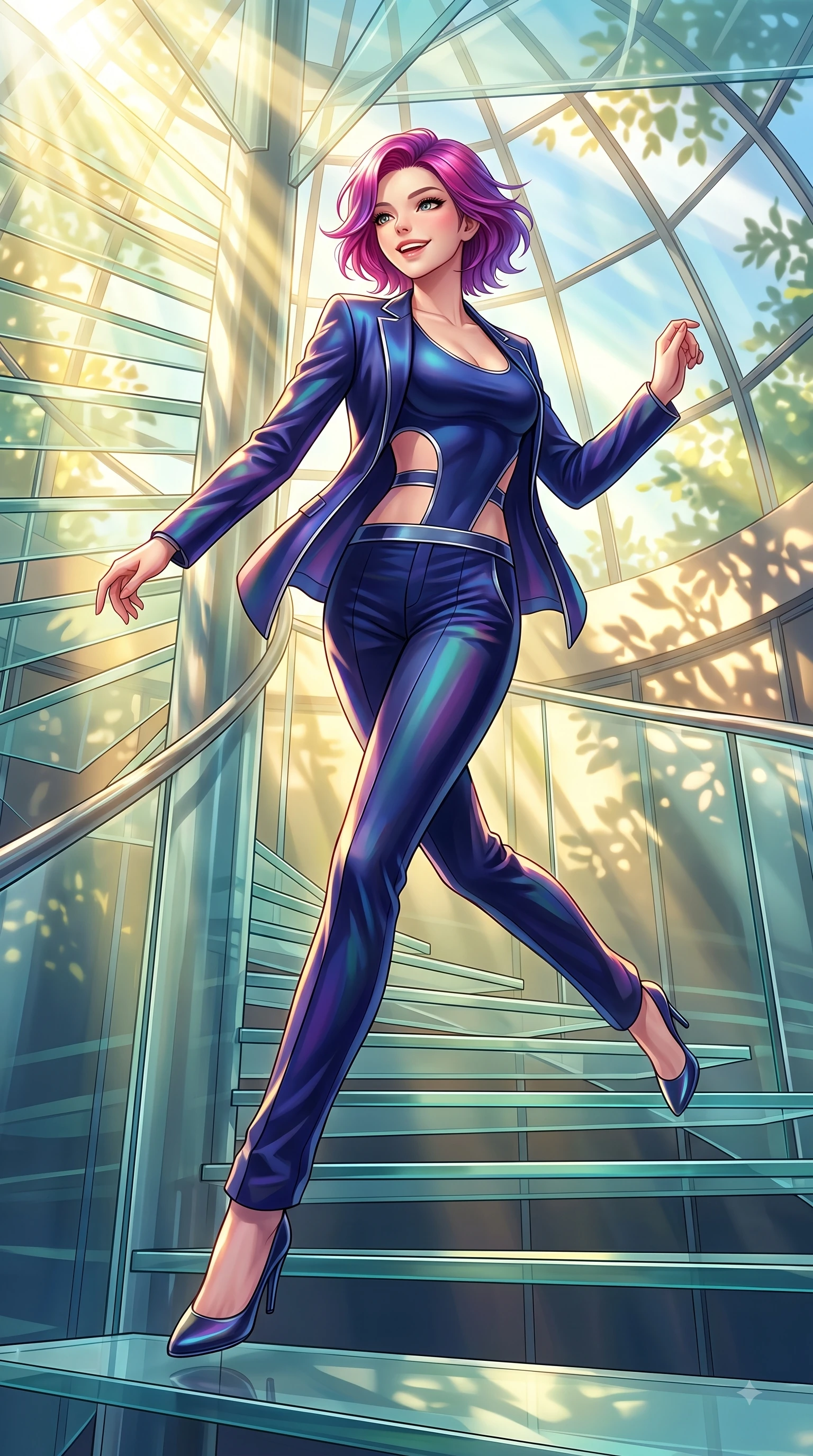 score_9, masterpiece, best quality, ultra-detailed, high-budget anime keyframe, editorial fashion photography, tasteful artistic composition, Caucasian woman. low angle full-body shot from head to toe showing her feet, filling the entire 9:16 vertical frame with her statuesque presence, stretching her vertical silhouette. leaping with pure joy through mid-air with a radiant bright smile, her impossibly long slender legs stretched in perfect balance while ascending a vertical glass spiral staircase with a cheerful beaming expression, intense volumetric sunbeams filtering through the glass dome ceiling in bright golden rays. She has an absolutely perfect, statuesque 8.5-heads proportion, an exceptionally tall and slender model-like female figure with impossibly long slender legs and an ultra-slim waist. sharp v-shaped jawline, high-bridge nose, intricate jewel-like eyes with depth, thick eyelashes, glossy lips with a natural sheen, flawlessly proportioned anatomical accuracy, natural body alignment, perfectly sculpted elegant limbs, clean dynamic posture without body distortion. wearing a tailored silk blazer over a form-contouring scoop-neck top and slacks in midnight navy blue and chrome trim, crafted from iridescent chiffon that shifts colors in the light, featuring clean architectural cutouts along her slender torso, the glove-like fit emphasizing her statuesque silhouette during motion. illuminated by brilliant sunbeams casting cheerful organic leaf stencil shadows. highly saturated vibrant anime colors, detailed shading with soft gradients, rich glossy textures, high-contrast stereoscopic depth, volumetric dynamic lighting, master piece, 9:16 ratio