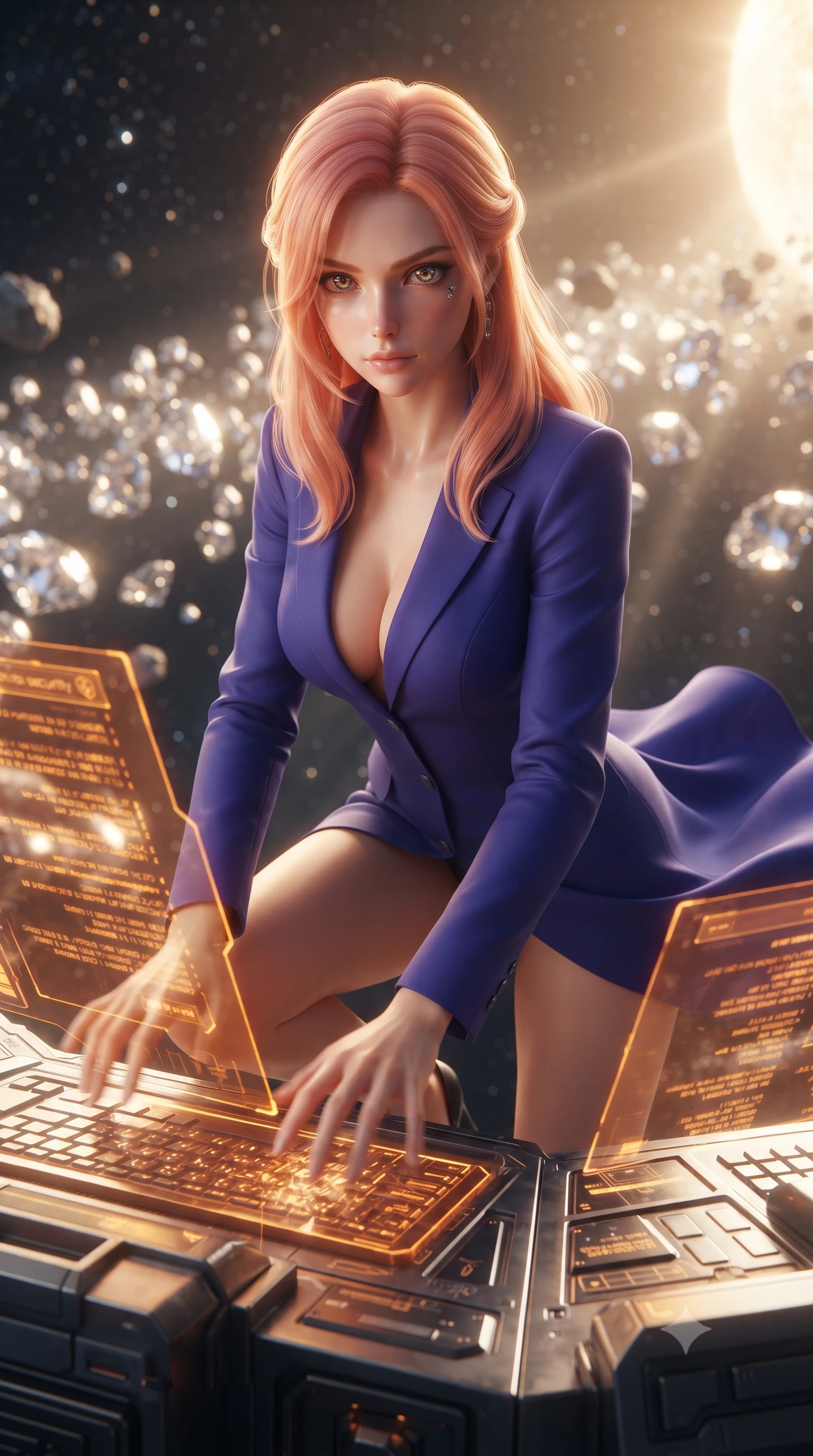 score_9, masterpiece, best quality, ultra-detailed, high-budget anime keyframe, editorial fashion photography, tasteful artistic composition, realistic cosplay photography, Japanese woman. close-up cowboy shot from the waist and thighs up, the character dominates the composition, filling the frame with her large presence, background elements kept in soft focus. Hacking a security terminal in a low crouch, fingers moving in a blur as amber code screens surround her. set against a soft-focus background of an asteroid belt composed of crystalline diamond rocks reflecting the light of a nearby supergiant star, space dust glittering. She has an exceptionally elegant and slender, willowy female figure with an ultra-slim waist, a gracefully sculpted slender torso, and a refined slim physique. sharp v-shaped jawline, high-bridge nose, intricate jewel-like eyes with depth, thick eyelashes, glossy lips with a natural sheen. wearing the lightweight fabric rippling and billowing dramatically with her movement, a body-hugging tailored blazer dress in deep indigo, featuring a plunging neckline and a high-cut front hem. brilliant cinematic volumetric lighting with intense neon rim light outlining her form. ultra-reflective glossy finish, specular highlights, metallic sheen, high-contrast stereoscopic depth, volumetric dynamic lighting, 2k, ultra detail, master piece, 9:16 ratio