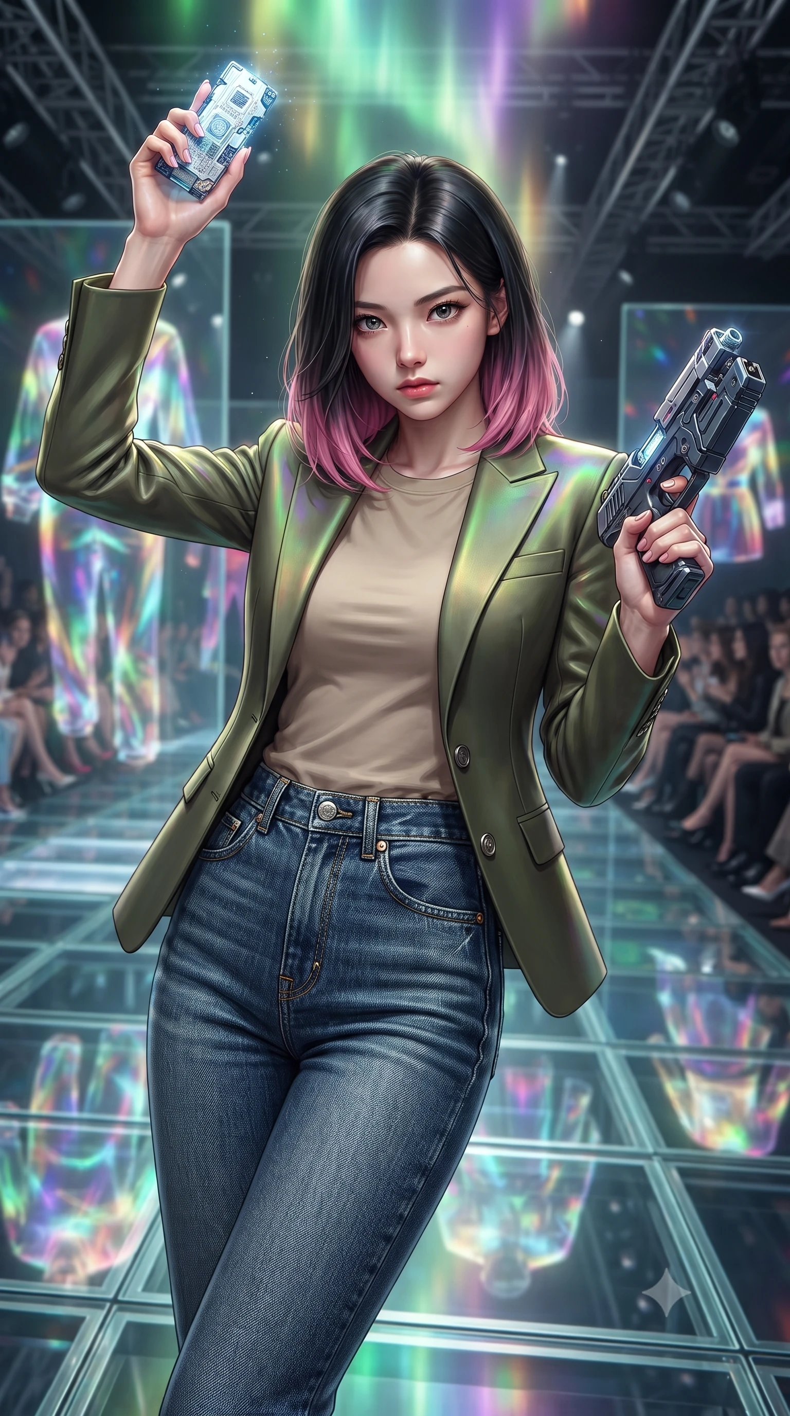score_9, masterpiece, best quality, ultra-detailed, high-budget anime keyframe, editorial fashion photography, tasteful artistic composition, realistic cosplay photography, Korean woman. close-up cowboy shot from the waist and thighs up, the character dominates the composition, filling the frame with her large presence, background elements kept in soft focus. Holding a glowing data drive aloft while reloading a futuristic plasma pistol, ready for the next wave. set against a soft-focus background of a fashion show stage made of glass, reflecting holographic clothes worn by models, the audience in soft focus. She has an exceptionally elegant and slender, willowy female figure with an ultra-slim waist, a gracefully sculpted slender torso, and a refined slim physique. sharp v-shaped jawline, high-bridge nose, intricate jewel-like eyes with depth, thick eyelashes, glossy lips with a natural sheen. wearing catching and diffusing the glowing particles, shimmering softly in response to the surrounding light, a body-hugging tailored olive blazer over a beige cotton tee, paired with high-waisted raw indigo denim. illuminated by a shifting aurora palette of green violet and gold from above. ultra-reflective glossy finish, specular highlights, metallic sheen, high-contrast stereoscopic depth, volumetric dynamic lighting, 2k, ultra detail, master piece, 9:16 ratio