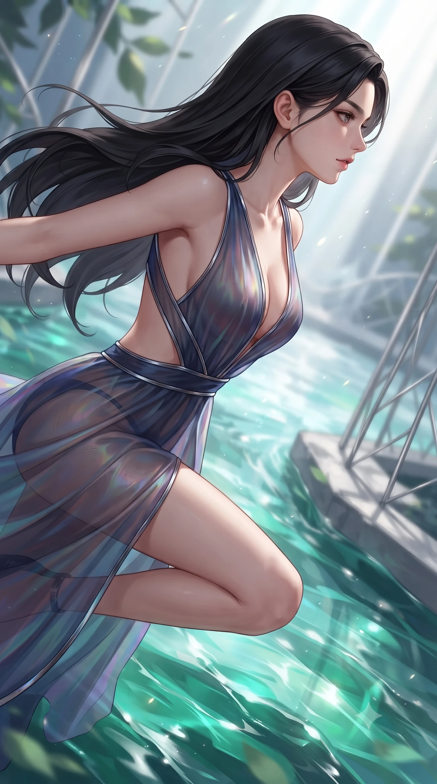 score_9, masterpiece, best quality, ultra-detailed, high-budget anime keyframe, editorial fashion photography, tasteful artistic composition, Korean woman. close-up cowboy shot from the waist and thighs up, the character dominates the composition, filling the frame with her large presence, background elements kept in soft focus. Turning her face in sharp profile while her upper body leans forward with poised athletic grace while leaping gracefully over a hydro-flow crystal stream flowing with emerald liquid light, sleek platinum wire lattices creating clean architectural line frames. She has an exceptionally elegant, slender, and willowy female figure with an ultra-slim waist, a gracefully sculpted slender torso, and a refined silhouette. sharp v-shaped jawline, high-bridge nose, intricate jewel-like eyes with depth, thick eyelashes, glossy lips with a natural sheen, flawlessly proportioned anatomical accuracy, natural body alignment, perfectly sculpted elegant limbs, clean dynamic posture without body distortion. wearing a translucent iridescent chiffon gown with a plunging neckline and open back in midnight navy blue and chrome trim, crafted from smooth liquid silk, featuring clean architectural cutouts along her slender torso, the glove-like fit emphasizing her statuesque silhouette during motion. illuminated by brilliant sunbeams casting organic leaf stencil shadows. ultra-reflective glossy finish, specular highlights, metallic sheen, high-contrast stereoscopic depth, volumetric dynamic lighting, 2k, ultra detail, master piece, 9:16 ratio