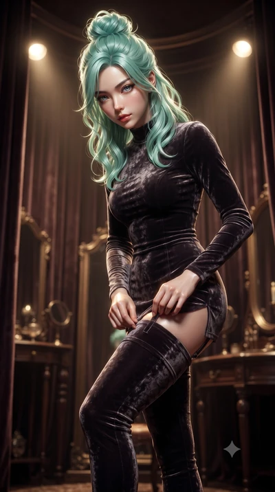 score_9, masterpiece, best quality, ultra-detailed, High-budget Anime Keyframe, editorial fashion photography, tasteful artistic composition, realistic cosplay photography, East Asian woman. Low angle cowboy shot filling the entire 9:16 frame with he