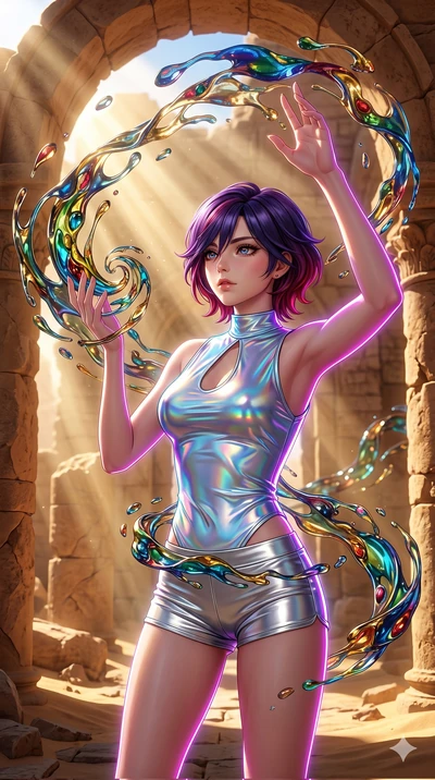 score_9, masterpiece, best quality, ultra-detailed, high-budget anime keyframe, Japanese woman. upper body close-up from the thighs up, character filling the screen for maximum presence. interacting with liquid stained-glass that melts and swirls in 