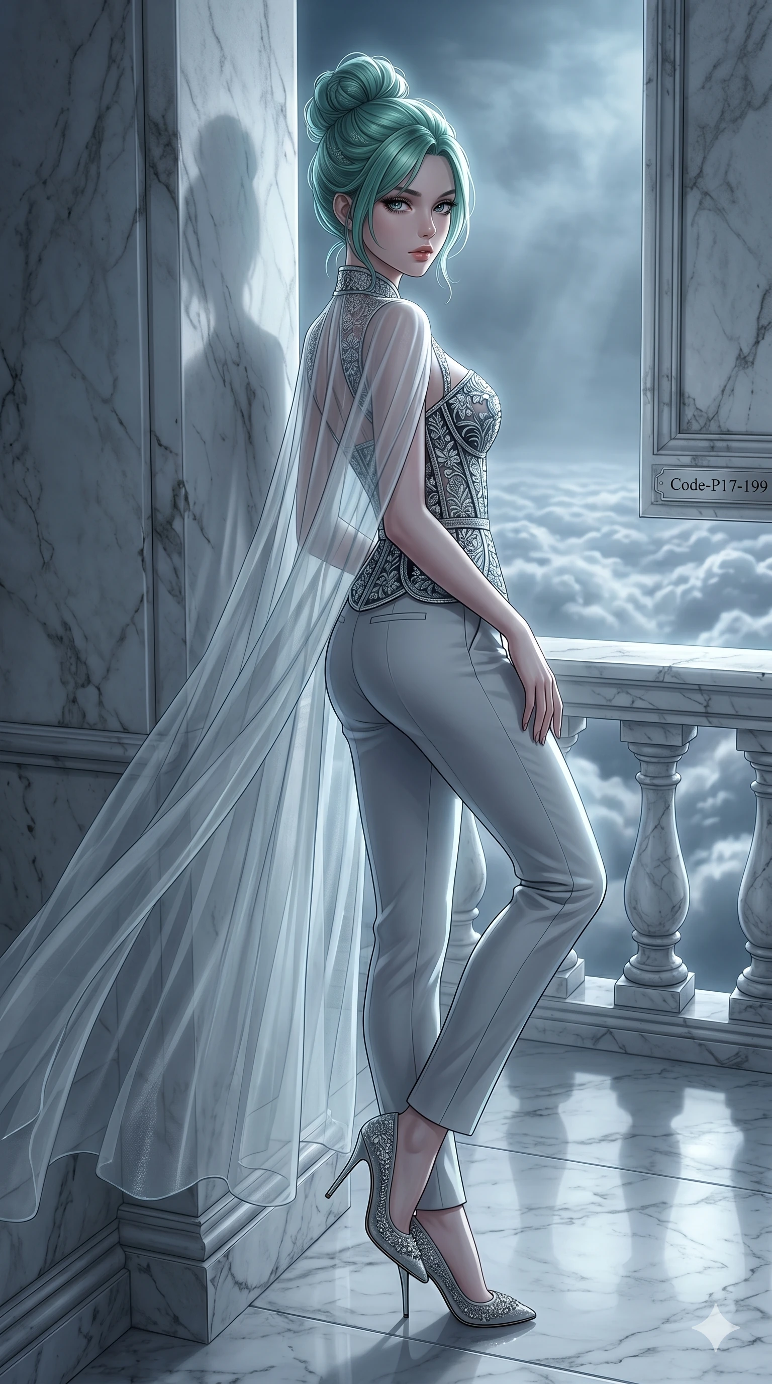 score_9, masterpiece, best quality, ultra-detailed, high-budget anime keyframe, editorial fashion photography, tasteful artistic composition, Japanese woman. cowboy shot from the thighs up, character and outfit filling the frame for maximum editorial presence. leaning back against the wall, looking over her shoulder with quiet intensity on a floating marble balcony above cloudscape (Code-P17-199). She has an absolutely perfect 8-heads proportion, an exceptionally tall and slender female figure with impossibly long slender legs and an ultra-slim waist. V-shaped jawline, high-bridge nose, intricate jewel-like eyes with depth, thick eyelashes, glossy lips with a natural sheen. wearing a fine patterned embroidery structured bodice top paired with translucent cape. cool silver moonlight filtered through the mist, creating a dramatic, ethereal rim light. 2k, ultra detail, master piece, 9:16 ratio