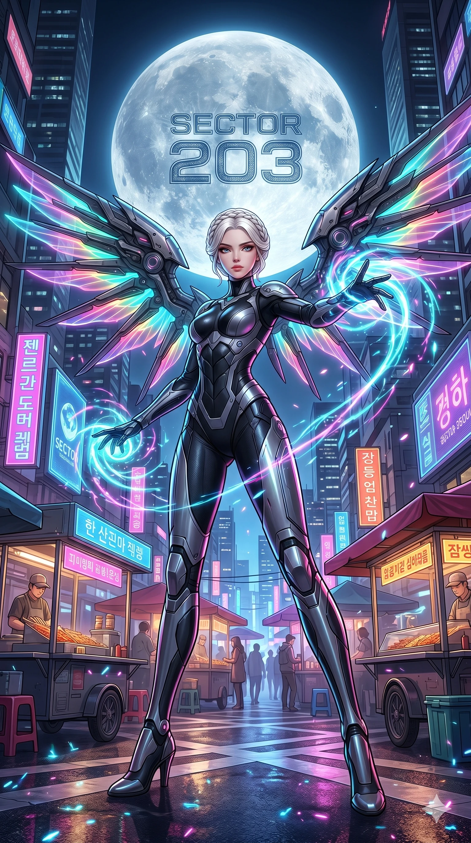 score_9, masterpiece, best quality, ultra-detailed, Set A: High-budget Anime Keyframe, Korean woman. Low angle cowboy shot filling the entire 9:16 frame with her statuesque presence. Casting a spell through a neon-lit Neo-Seoul market, with a massive holographic moon rising behind her marked as sector 203 and surrounded by glowing energy sparks. She has an absolutely perfect 8-heads proportion, an exceptionally tall and slender female figure with impossibly long slender legs and an ultra-slim waist. Sharp v-shaped jawline, high-bridge nose, intricate jewel-like eyes with depth, thick eyelashes, glossy lips with a natural sheen. Wearing Cybernetic wingsuit with glowing wing membranes and a sleek pilot bodysuit. Cinematic lighting, vibrant colors, dramatic shadows, 2k, ultra detail, master piece, 9:16 ratio