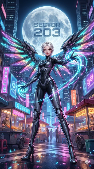 score_9, masterpiece, best quality, ultra-detailed, Set A: High-budget Anime Keyframe, Korean woman. Low angle cowboy shot filling the entire 9:16 frame with her statuesque presence. Casting a spell through a neon-lit Neo-Seoul market, with a massive