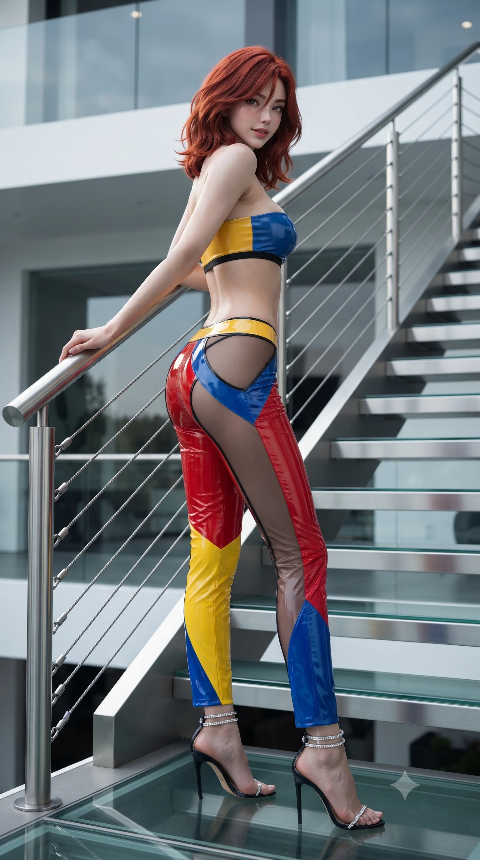 score_9, masterpiece, best quality, ultra-detailed, high-budget anime keyframe, editorial fashion photography, tasteful artistic composition, Korean woman. low angle full-body shot from head to toe showing her feet, filling the entire 9:16 vertical frame with her statuesque presence, stretching her vertical silhouette. walking along the terrace with poise, looking back over her bare shoulder with an irresistible smoldering bedroom-gaze while leaning against the stainless-steel staircase handrail with hips cocked back, looking down through the glass floor with smoldering eyes. The surrounding environment is rendered in vivid detail and crisp panoramic clarity: sharp laminated structural glass tread edges, stainless steel cable fittings, and white museum drywall seams in deep focus. She has an absolutely perfect, statuesque 8.5-heads proportion, an exceptionally tall and slender model-like female figure with impossibly long slender legs, an ultra-slim waist, a flat toned midriff, narrow delicate ribcage, and beautifully sculpted feminine hips creating a graceful, slim hourglass silhouette without any bulky heaviness. sharp v-shaped jawline, high-bridge nose, sparkling eyes with hypnotic seductive depth, thick curled eyelashes, glossy parted lips with a natural dewy peach sheen, alluring bedroom-eyes with an enchanting coquettish smile, exuding magnetic siren charisma and sophisticated glamour, flawlessly proportioned anatomical accuracy, strict slender model proportions, natural body alignment, perfectly sculpted long slender limbs, ultra-slim waistline, clean dynamic posture without body distortion. wearing a form-contouring one-shoulder minimalist bandeau top paired with low-rise tailored trousers with sheer hip cutouts in Mondrian primary red, canary yellow, and electric cobalt blue, crafted from wet-look high-gloss vinyl fabric with dazzling specular surface reflections, complemented by strappy stiletto sandals with crystal ankle wraps accentuating her slender calves, the glove-like clinging cut tightly following the natural contour of her hips and long slender legs with youthful 8.5-heads elegance. illuminated by glass refraction bounce and sharp platinum rim lights sculpting her razor-sharp jawline, narrow waist, and curvy hips. ultra-reflective glossy finish, specular highlights, rich textural contrasts, high-contrast stereoscopic depth, volumetric dynamic lighting, 2k, ultra detail, master piece, 9:16 ratio