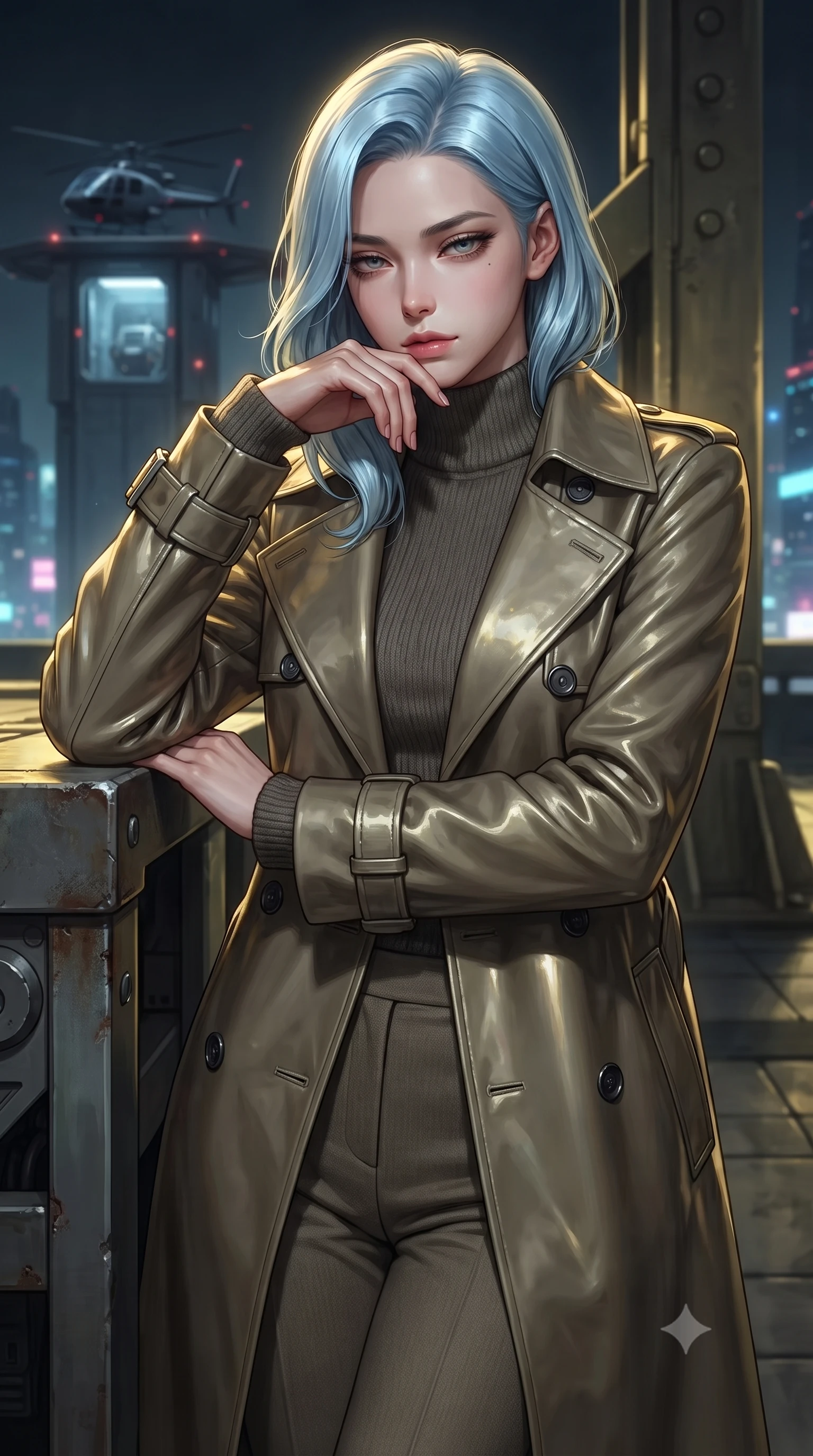 score_9, masterpiece, best quality, ultra-detailed, high-budget anime keyframe, editorial fashion photography, tasteful artistic composition, Korean woman. close-up cowboy shot from the waist and thighs up, the character dominates the composition, filling the frame with her large presence, background elements kept in soft focus. resting her chin on the backs of her fingers, casting a heavy-lidded, sultry look past the camera the background shows a soft-focus a futuristic vehicle elevator transporting a helicopter to a rooftop runway. She has an exceptionally elegant, slender, and willowy female figure with an ultra-slim waist, a gracefully sculpted slender torso, and a refined silhouette. sharp v-shaped jawline, high-bridge nose, intricate jewel-like eyes with depth, thick eyelashes, glossy lips with a natural sheen. wearing a form-contouring tailored trench coat in khaki cotton, worn closed over a high-neck dark grey knit sweater and trousers. harsh sodium yellow spotlights casting long dramatic industrial shadows. ultra-reflective glossy finish, specular highlights, metallic sheen, high-contrast stereoscopic depth, volumetric dynamic lighting, 2k, ultra detail, master piece, 9:16 ratio
