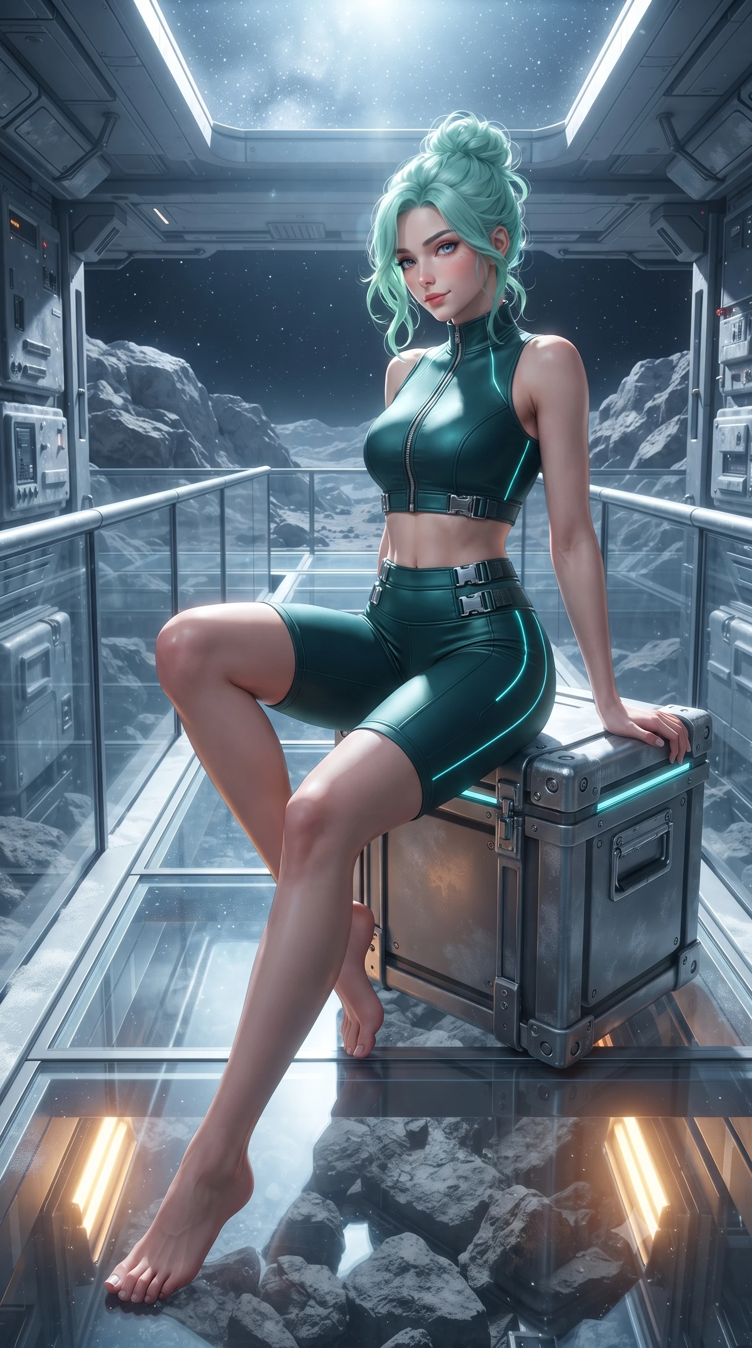 score_9, masterpiece, best quality, ultra-detailed, high-budget anime keyframe, editorial fashion photography, tasteful artistic composition, Japanese woman. low angle full-body shot from head to toe showing her feet, filling the entire 9:16 vertical frame with her statuesque presence, stretching her vertical silhouette. walking slowly along the transparent glass skybridge, looking back over her shoulder with an air of effortless grace and an alluring, smoldering smile while sitting perched on an equipment crate propped on one hand, her tight environmental suit radiating magnetic, adventurous charm. The surrounding environment is rendered in vivid detail and crisp panoramic clarity: sharp lunar rock textures, titanium tread track pins, and frost rime on equipment panels in deep focus. She has an absolutely perfect, statuesque 8.5-heads proportion, an exceptionally tall and slender model-like female figure with impossibly long slender legs, an ultra-slim waist, a flat toned midriff, narrow delicate ribcage, and beautifully sculpted feminine hips creating a graceful, slim hourglass silhouette without any bulky heaviness. sharp v-shaped jawline, high-bridge nose, intricate jewel-like sparkling eyes with depth, thick eyelashes, glossy parted lips with a natural sheen, bright confident smile with an enchanting and coquettish sensual glint, exuding both youthful magnetic charm and sovereign high-tech allure, flawlessly proportioned anatomical accuracy, strict slender model proportions, natural body alignment, perfectly sculpted long slender limbs, ultra-slim waistline, clean dynamic posture without body distortion. wearing a sleek two-piece combat athletic set with a zip-front mock-neck crop top and contouring biker shorts hugging her curvy hips in dark emerald teal and ultraviolet glow lines, tailored from brushed aeronautical titanium alloy with matte satin sheen, finished with polished chrome buckle hardware and modular magnetic holster clasps, the form-contouring cut accentuating her sculpted flat midriff, narrow delicate ribcage, and gracefully curvy hips with cybernetic supermodel precision. bathed in brilliant cold silver starlight from above and warm industrial sodium work-lights from below. ultra-reflective glossy finish, specular highlights, rich textural contrasts, high-contrast stereoscopic depth, volumetric dynamic lighting, 2k, ultra detail, master piece, 9:16 ratio