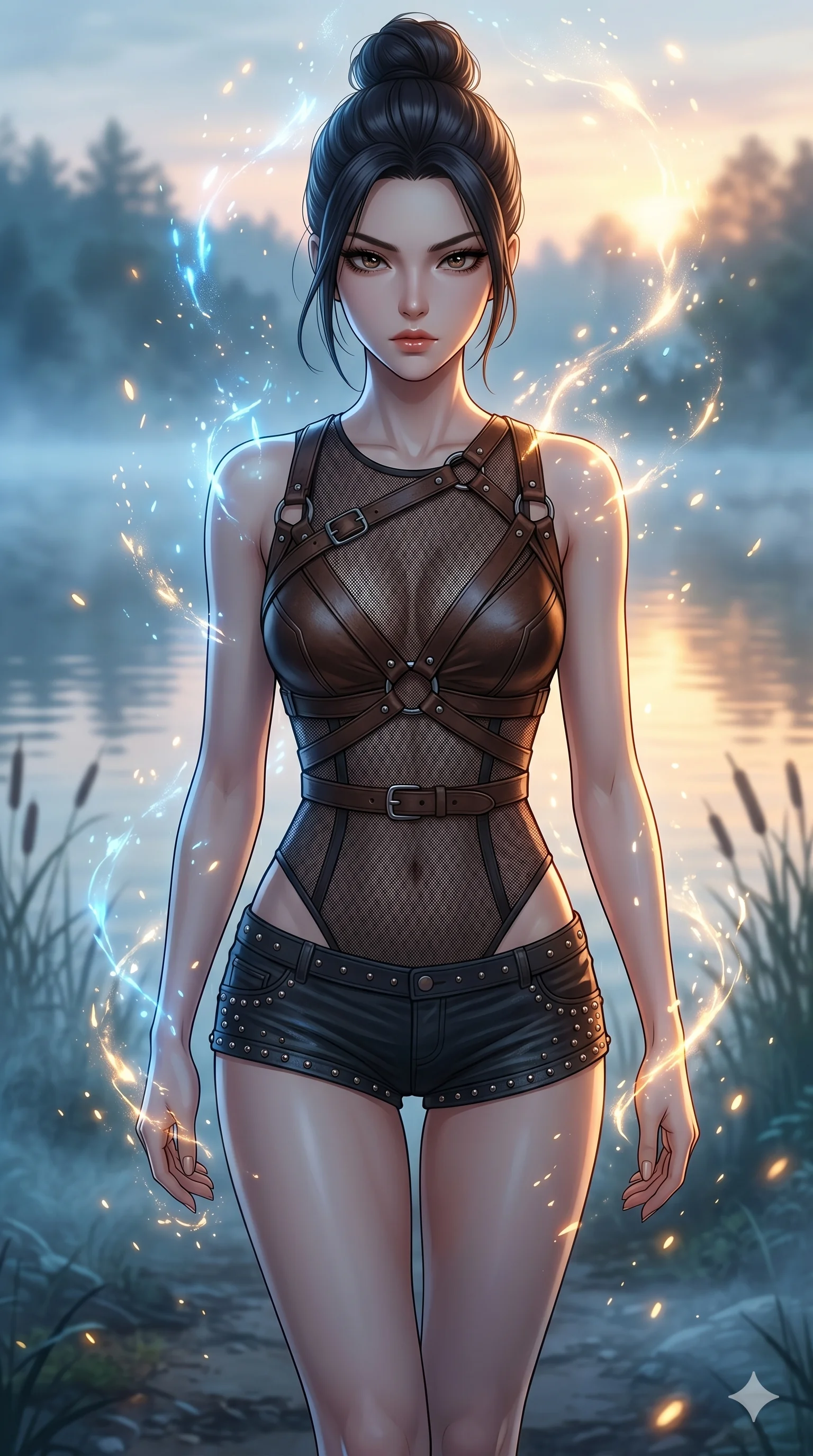 score_9, masterpiece, best quality, ultra-detailed, Set A: High-budget Anime Keyframe, Korean woman. Upper body close-up from the thighs up, character filling the screen for maximum presence. Walking gracefully through a misty lakeside at dawn, with a look of intense determination reflecting the fires of 267 and surrounded by glowing energy sparks. She has an absolutely perfect 8-heads proportion, an exceptionally tall and slender female figure with impossibly long slender legs and an ultra-slim waist. Sharp v-shaped jawline, high-bridge nose, intricate jewel-like eyes with depth, thick eyelashes, glossy lips with a natural sheen. Wearing Asymmetrical leather harness over a sheer mesh leotard and studded micro-shorts. Cinematic lighting, vibrant colors, dramatic shadows, 2k, ultra detail, master piece, 9:16 ratio