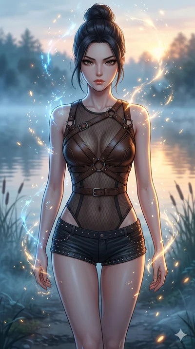 score_9, masterpiece, best quality, ultra-detailed, Set A: High-budget Anime Keyframe, Korean woman. Upper body close-up from the thighs up, character filling the screen for maximum presence. Walking gracefully through a misty lakeside at dawn, with 