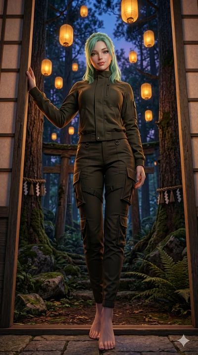 score_9, masterpiece, best quality, ultra-detailed, high-budget anime keyframe, editorial fashion photography, tasteful artistic composition, Japanese woman. low angle full-body shot from head to toe showing her feet, filling the entire 9:16 vertical