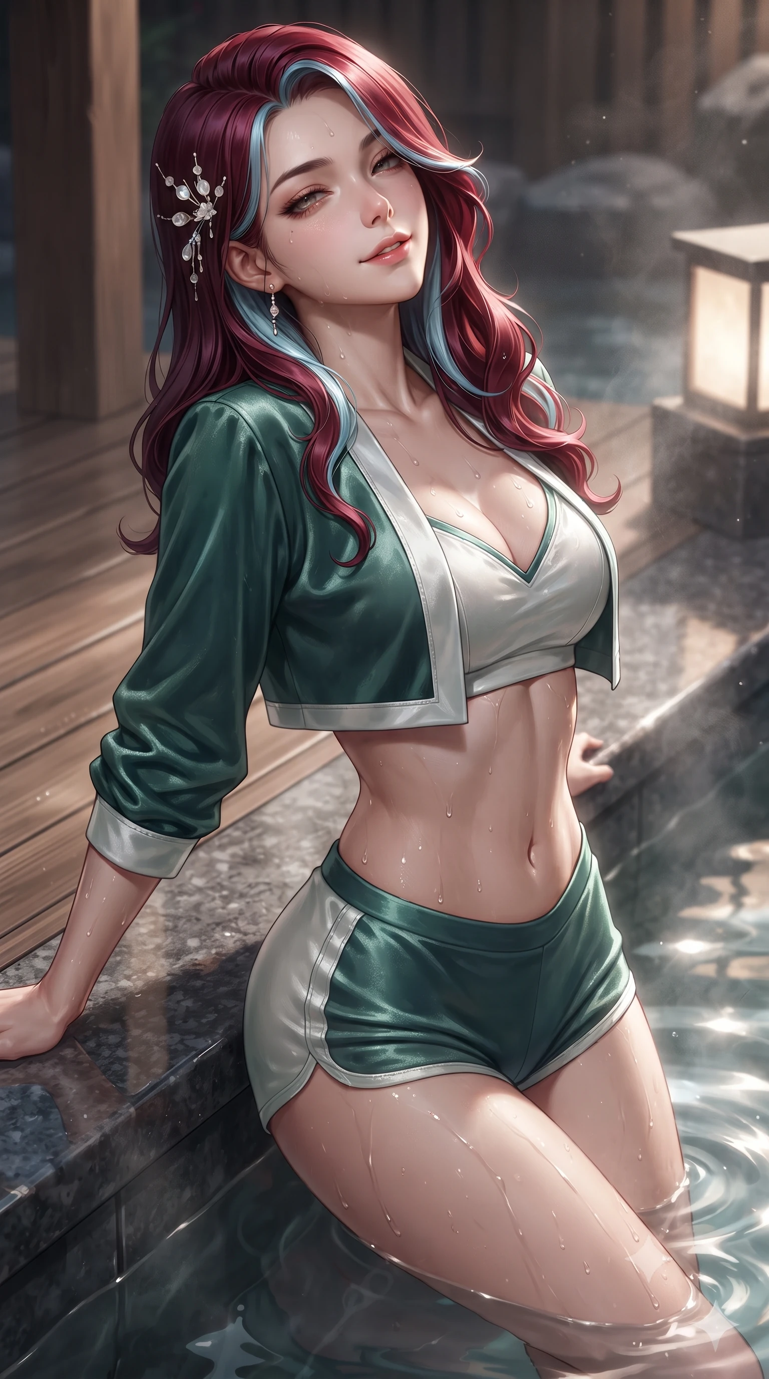 score_9, masterpiece, best quality, ultra-detailed, high-budget anime keyframe, editorial fashion photography, tasteful artistic composition, Caucasian woman. close-up cowboy shot from the waist and thighs up, the character dominates the composition, filling the frame with her large presence. leaning back against the balustrade with relaxed seductive grace, head tilted back slightly while casting a hypnotic, heavy-lidded gaze while sitting on the smooth volcanic rock rim of the steaming bath, arching her spine with breathtaking wet-look siren grace. The surrounding environment is rendered in vivid detail and crisp panoramic clarity: sharp wet cedar wood grain, polished basalt stone texture, and glistening water droplets on toned skin in deep focus. She has an exceptionally elegant, slender, and willowy female figure with an ultra-slim waist, flat toned midriff, narrow ribcage, and sculpted feminine hips creating an alluring, slim hourglass silhouette without bulk. sharp v-shaped jawline, high-bridge nose, sparkling eyes with hypnotic seductive depth, thick curled eyelashes, glossy parted lips with a natural dewy peach sheen, alluring bedroom-eyes with an enchanting coquettish smile, exuding magnetic siren charisma and sophisticated glamour, flawlessly proportioned anatomical accuracy, strict slender model proportions, natural body alignment, perfectly sculpted long slender limbs, ultra-slim waistline, clean dynamic posture without body distortion. wearing a modern two-piece royal silk loungewear set featuring an open-front short bolero and form-fitting silk hot-pants in moonlit jade green and pure alabaster white with silver accents, tailored from ultra-plush velvet with rich tactile depth and deep shadow gradients, finished with delicate mother-of-pearl hairpin ornaments glinting in her dark glossy hair, the form-contouring silhouette accentuating her sculpted flat midriff, narrow delicate ribcage, and gracefully curvy hips with intoxicating allure. illuminated by hot spring water caustics and sharp platinum rim lights sculpting her razor-sharp jawline, narrow waist, and curvy hips. ultra-reflective glossy finish, specular highlights, rich textural contrasts, high-contrast stereoscopic depth, volumetric dynamic lighting, 2k, ultra detail, master piece, 9:16 ratio