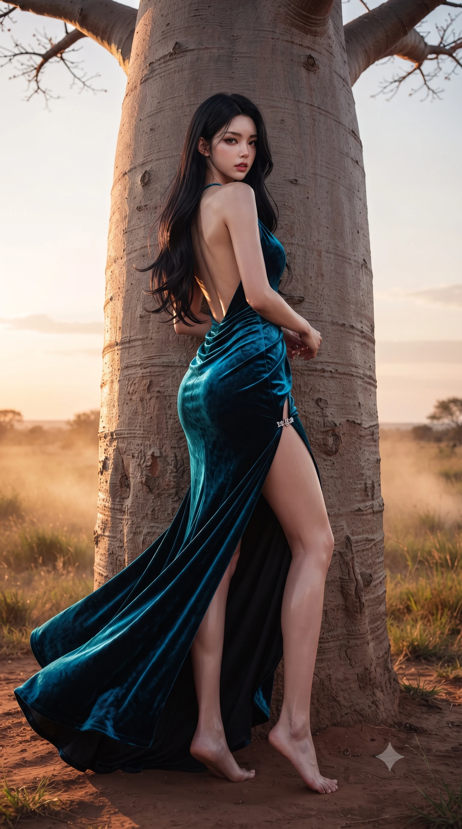 score_9, masterpiece, best quality, ultra-detailed, high-budget anime keyframe, editorial fashion photography, tasteful artistic composition, Korean woman. low angle full-body shot from head to toe showing her feet, filling the entire 9:16 vertical frame with her statuesque presence, stretching her vertical silhouette. executing an elegant mid-motion pivot turn as garments swirl around her slender limbs, glancing over her shoulder with an intoxicating bedroom-gaze while leaning back against the smooth, massive baobab trunk with hips cocked back, glancing over her shoulder with an alluring, sovereign gaze. The composition keeps background elements in soft focus with creamy bokeh. distant African savanna grasses and rising dust veils softened in mystical safari shallow focus. She has an exceptionally tall and slender model-like 8.5-heads proportion, an ultra-slim waist, a flat toned midriff, narrow delicate ribcage, and beautifully sculpted feminine hips creating a graceful, slim hourglass silhouette without any bulky heaviness, with impossibly long slender legs. sharp v-shaped jawline, high-bridge nose, intricate jewel-like eyes with depth, thick eyelashes, glossy parted lips with a natural sheen, intensely captivating and seductive bedroom-eyes expression, flawlessly proportioned anatomical accuracy, strict slender model proportions, natural body alignment, perfectly sculpted long slender limbs, ultra-slim waistline, clean dynamic posture without body distortion. wearing an open-back duchess satin gala gown with a dramatic hip-hugging drape and cascading trailing hem in neon electric cyan and lacquer black, crafted from heavyweight crushed silk velvet with liquid vintage luster, finished with an ultra-high side slit secured by miniature jeweled clasps, the form-contouring material adhering flawlessly to her sculpted flat midriff and slender torso, emphasizing her long leg lines and perfectly proportioned willowy build. illuminated by warm red-earth surface bounce light sharply defining her sculpted collarbones, ultra-slim waist, and curvy hips. ultra-reflective glossy finish, specular highlights, rich textural contrasts, high-contrast stereoscopic depth, volumetric dynamic lighting, 2k, ultra detail, master piece, 9:16 ratio
