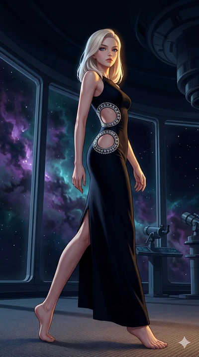 score_9, masterpiece, best quality, ultra-detailed, high-budget anime keyframe, editorial fashion photography, tasteful artistic composition, Caucasian woman, strictly human ears. low angle full-body shot from head to toe showing her feet, filling th