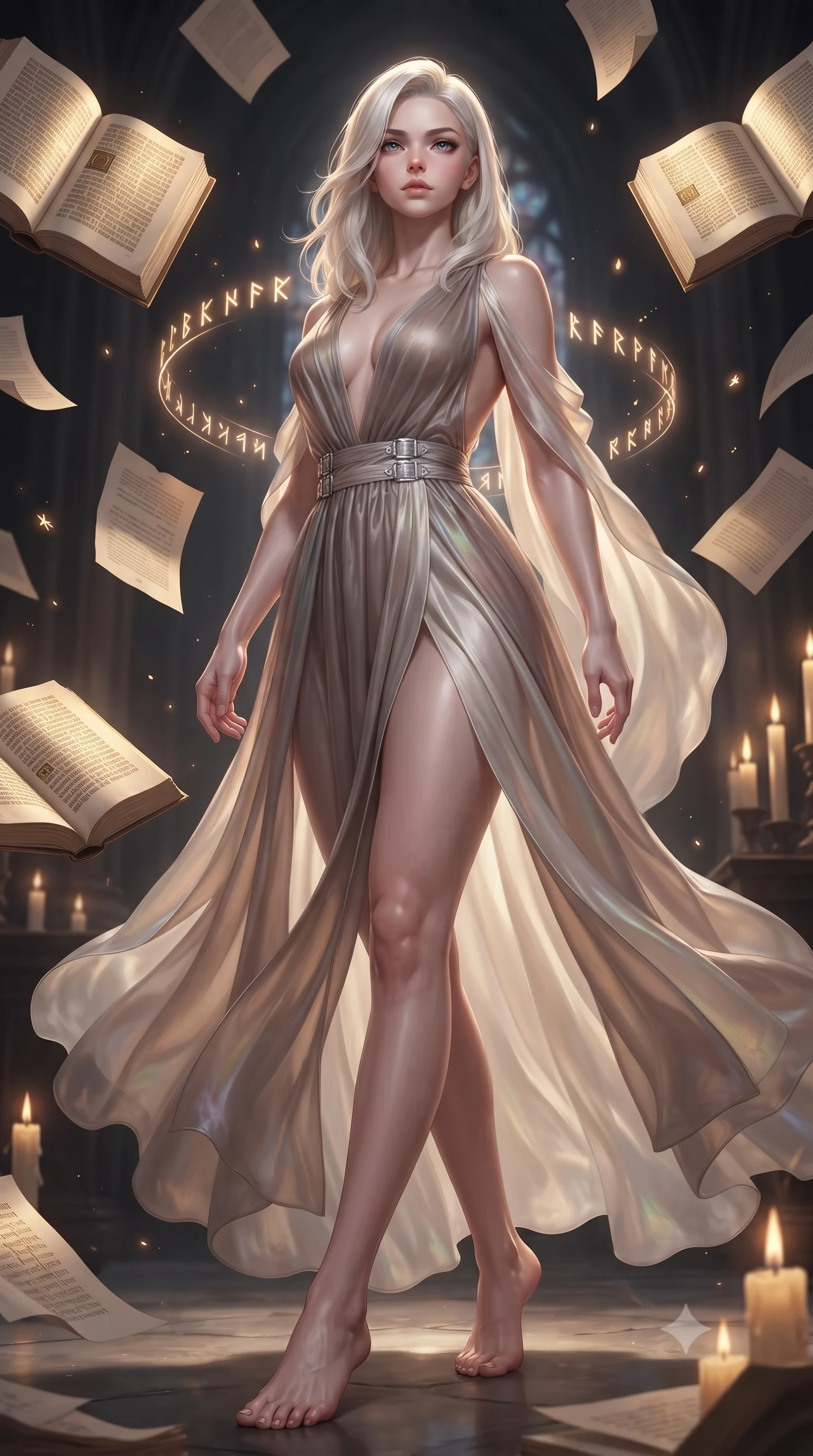 score_9, masterpiece, best quality, ultra-detailed, high-budget anime keyframe, editorial fashion photography, tasteful artistic composition, Caucasian woman. low angle full-body shot from head to toe showing her feet, filling the entire 9:16 vertical frame with her statuesque presence, stretching her vertical silhouette. stepping forward with proud posture, filling the vertical frame with her magnetic presence surrounded by floating illuminated manuscripts with gold leaf lettering, floating paper pages and glowing magic runes hovering in the quiet air. She has an absolutely perfect, statuesque 8.5-heads proportion, an exceptionally tall and slender model-like female figure with impossibly long slender legs and an ultra-slim waist. sharp v-shaped jawline, high-bridge nose, intricate jewel-like eyes with depth, thick eyelashes, glossy lips with a natural sheen. wearing a translucent iridescent chiffon gown with a plunging neckline and open back in muted taupe and soft ivory, crafted from lustrous satin jersey with fluid draping, detailed with polished silver buckles along the waistline, the elegant draped fit framing her graceful clavicle and slender torso. illuminated by rich amber candlelight and majestic stained glass highlights. ultra-reflective glossy finish, specular highlights, metallic sheen, high-contrast stereoscopic depth, volumetric dynamic lighting, 2k, ultra detail, master piece, 9:16 ratio