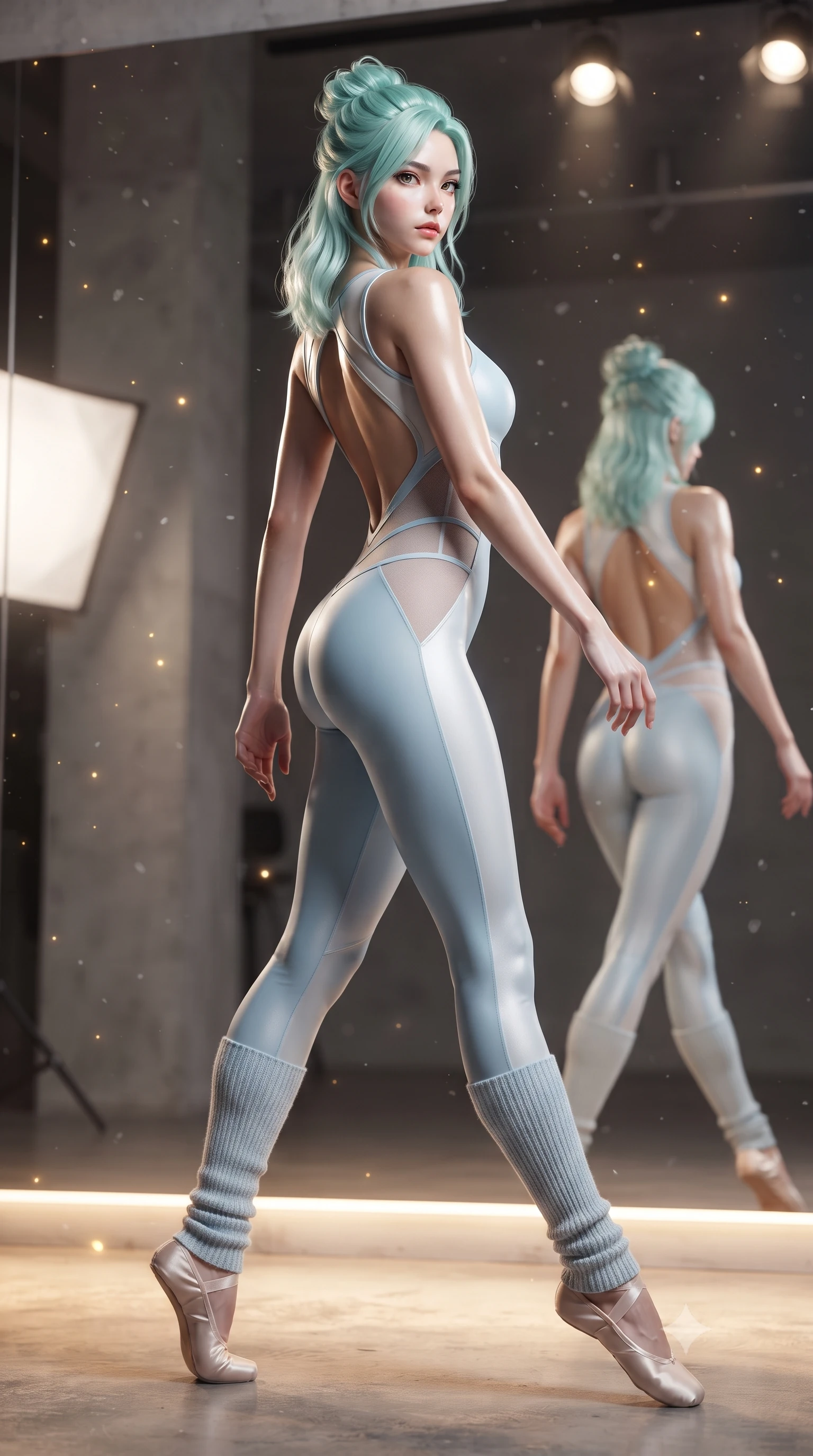 score_9, masterpiece, best quality, ultra-detailed, high-budget anime keyframe, editorial fashion photography, tasteful artistic composition, Japanese woman. low angle full-body shot from head to toe showing her feet, filling the entire 9:16 vertical frame with her statuesque presence, stretching her vertical silhouette. striding forward in a proud supermodel runway stride, hips swaying in an alluring kinetic rhythm that accentuates her curvy hourglass silhouette while standing with her back to the floor-to-ceiling mirror, looking over her bare shoulder with hips cocked dramatically in an alluring high-fashion stance. The composition keeps background elements in soft focus with creamy bokeh. floating micro-chalk particles and spotlight beams scattering luminous golden light motes. She has an absolutely perfect, statuesque 8.5-heads proportion, an exceptionally tall and slender model-like female figure with impossibly long slender legs, a toned flat midriff, an ultra-slim waist, and beautifully sculpted feminine hips. sharp v-shaped jawline, high-bridge nose, intricate jewel-like eyes with depth, thick eyelashes, glossy parted lips with a natural sheen, intensely captivating and seductive bedroom-eyes expression, flawlessly proportioned anatomical accuracy, strict slender model proportions, natural body alignment, perfectly sculpted long slender limbs, ultra-slim waistline, clean dynamic posture without body distortion. wearing a second-skin compression ballet catsuit with an open back and sheer mesh side waist contouring in icy powder blue and pearl white, tailored from breathable technical athletic mesh and liquid-finish track nylon, accessorized with knitted leg warmers and delicate satin ballet slippers, the form-contouring material adhering flawlessly to her sculpted flat midriff and slender torso, emphasizing her long leg lines and perfectly proportioned willowy build. bathed in warm floor-level uplighting and dramatic overhead theatrical spotlights. ultra-reflective glossy finish, specular highlights, rich textural contrasts, high-contrast stereoscopic depth, volumetric dynamic lighting, 2k, ultra detail, master piece, 9:16 ratio