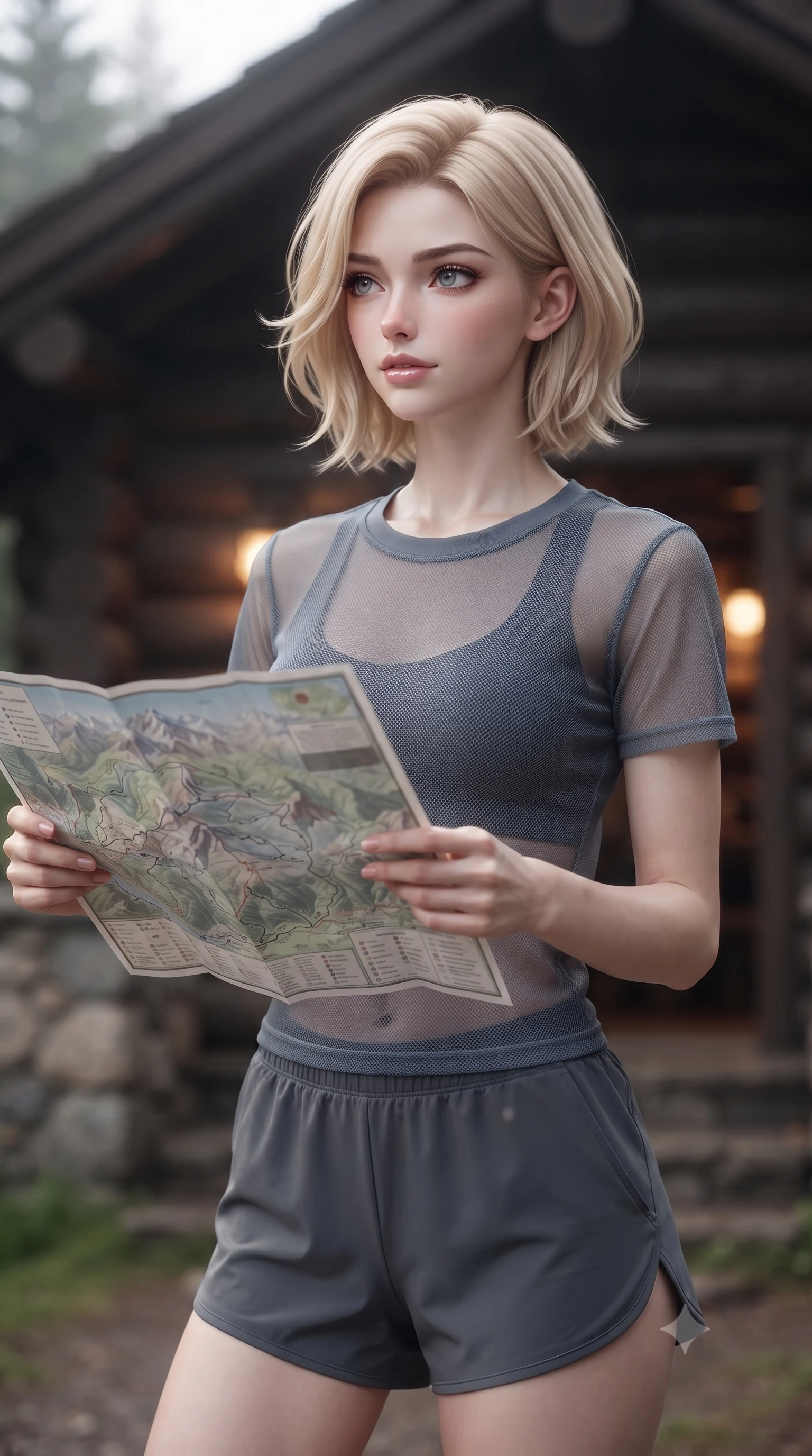 score_9, masterpiece, best quality, ultra-detailed, high-budget anime keyframe, editorial fashion photography, tasteful artistic composition, Caucasian woman. close-up cowboy shot from the waist and thighs up, the character dominates the composition, filling the frame with her large presence, background elements kept in soft focus. gazing past the camera with an alluring, daydreaming expression and a sweet half-smile set against a soft-focus background of near a cozy mountain shelter cabin built of dark logs and stone holding a map of the mountain trails, looking at the camera. She has an exceptionally elegant, slender, and willowy female figure with an ultra-slim waist, a gracefully sculpted slender torso, and a refined silhouette. sharp v-shaped jawline, high-bridge nose, intricate jewel-like eyes with depth, thick eyelashes, glossy lips with a natural sheen. wearing tailored sheer mesh athletic top in slate grey, worn over a slim-fit sports bralette and shorts. soft diffused daylight creating a clean, high-key panoramic glow. ultra-reflective glossy finish, specular highlights, metallic sheen, high-contrast stereoscopic depth, volumetric dynamic lighting, 2k, ultra detail, master piece, 9:16 ratio