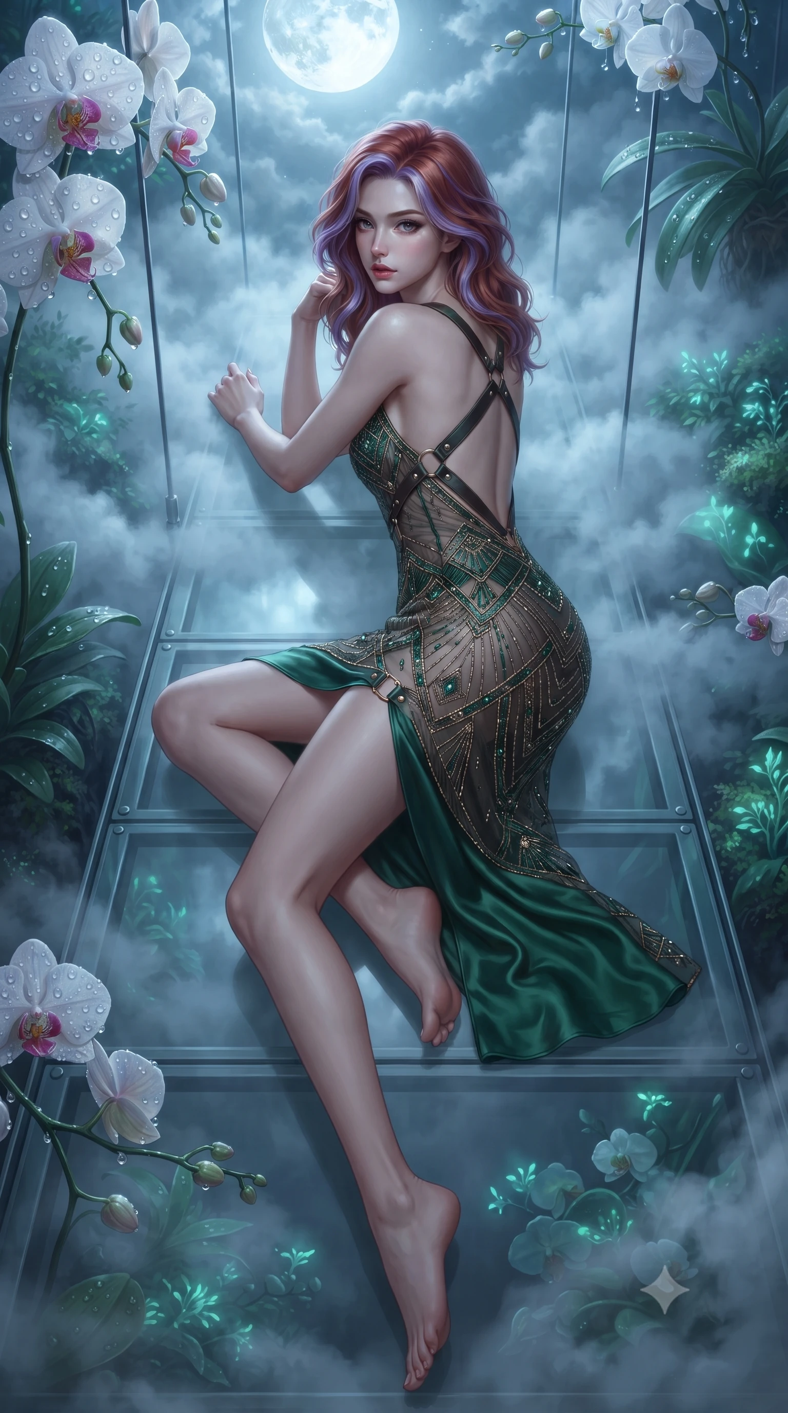 score_9, masterpiece, best quality, ultra-detailed, high-budget anime keyframe, editorial fashion photography, tasteful artistic composition, Caucasian woman. low angle full-body shot from head to toe showing her feet, filling the entire 9:16 vertical frame with her statuesque presence, stretching her vertical silhouette. reclining on her side in an elegant Cleopatra pose with one knee drawn up, the dramatic contour of her rounded hips and long slender legs commanding the 9:16 vertical frame while standing poised on a suspended glass walkway within the high-altitude cloud dome, twisting her torso in an alluring S-curve in the mist. The surrounding environment is rendered in vivid detail and crisp panoramic clarity. detailed high-tech fabric sheen, water droplet beads on orchids, and cloud texture clarity in high resolution. She has an exceptionally tall and slender model-like 8.5-heads proportion, an ultra-slim waist, a flat toned midriff, narrow delicate ribcage, and beautifully sculpted feminine hips creating a graceful, slim hourglass silhouette without any bulky heaviness, with impossibly long slender legs. sharp v-shaped jawline, high-bridge nose, intricate jewel-like eyes with depth, thick eyelashes, glossy parted lips with a natural sheen, intensely captivating and seductive bedroom-eyes expression, flawlessly proportioned anatomical accuracy, strict slender model proportions, natural body alignment, perfectly sculpted long slender limbs, ultra-slim waistline, clean dynamic posture without body distortion. wearing a sheer vintage mesh flapper dress adorned with intricate geometric beadwork over an opaque silk slip in deep emerald green satin and gold hardware, formed from supple second-skin lambskin leather with specular sheen, featuring an open-back criss-cross harness strap in dark leather, the dramatically scooped open back descending to the base of her spine, accentuating her razor-sharp statuesque lines and slim hourglass silhouette. bathed in cool silver full-moon light streaming from above and soft emerald bio-luminescent foliage fill. ultra-reflective glossy finish, specular highlights, rich textural contrasts, high-contrast stereoscopic depth, volumetric dynamic lighting, 2k, ultra detail, master piece, 9:16 ratio