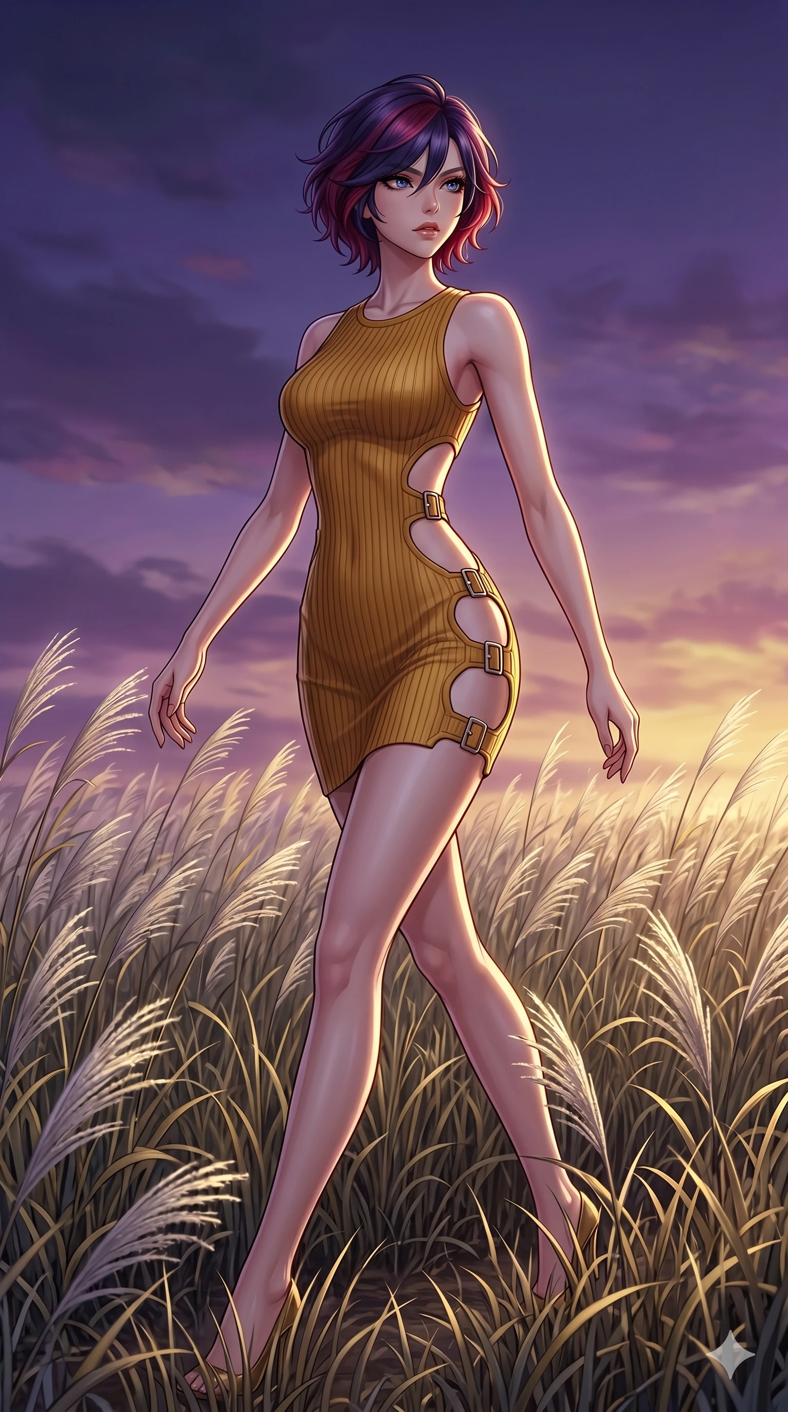 score_9, masterpiece, best quality, ultra-detailed, High-budget Anime Keyframe, East Asian woman. Dynamic full-body shot stretching the vertical silhouette to the limit. Scenario 218: Walking through a field of tall silver grass at twilight. Her presence is magnetic and overpowering in this high-budget anime scene. Outfit 218: A ribbed bodycon knit gold with a strategic side cut-outs and metallic buckles. The clothing is designed to emphasize her exceptionally tall and slender 8-heads proportion. 8-heads proportion, towering silhouette, ultra-slim waist. sharp v-shaped jawline, intricate jewel-like eyes with depth, thick eyelashes, glossy lips. 2k, ultra detail, master piece, 9:16 ratio
