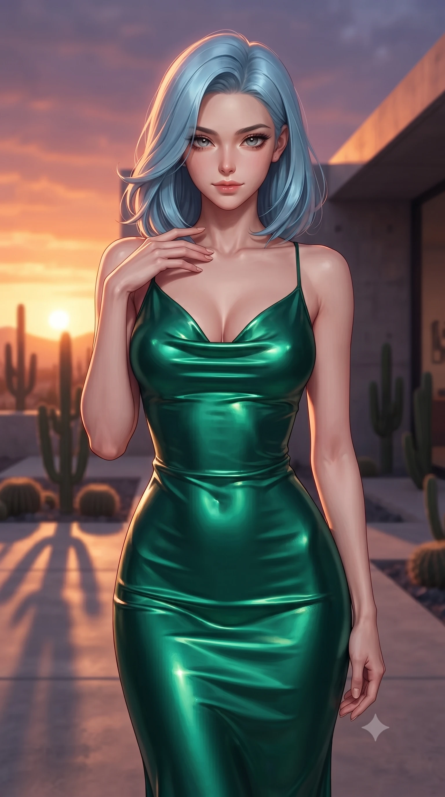 score_9, masterpiece, best quality, ultra-detailed, high-budget anime keyframe, editorial fashion photography, tasteful artistic composition, Korean woman woman. close-up cowboy shot from the waist and thighs up, the character dominates the composition, filling the frame with her large presence, background elements kept in soft focus. standing with one hand resting on her collarbone, looking at the viewer with bedroom-eyes the background shows a soft-focus a patio of a modern concrete villa in the desert, with minimalist cacti landscaping. She has an exceptionally elegant, slender, and willowy female figure with an ultra-slim waist, a gracefully sculpted slender torso, and a refined silhouette. sharp v-shaped jawline, high-bridge nose, intricate jewel-like eyes with depth, thick eyelashes, glossy lips with a natural sheen. wearing a body-hugging form-contouring emerald green silk slip dress that hugs her slender waist and hips. the dramatic orange glow of a desert sunset casting long shadows of the cacti. ultra-reflective glossy finish, specular highlights, metallic sheen, high-contrast stereoscopic depth, volumetric dynamic lighting, 2k, ultra detail, master piece, 9:16 ratio