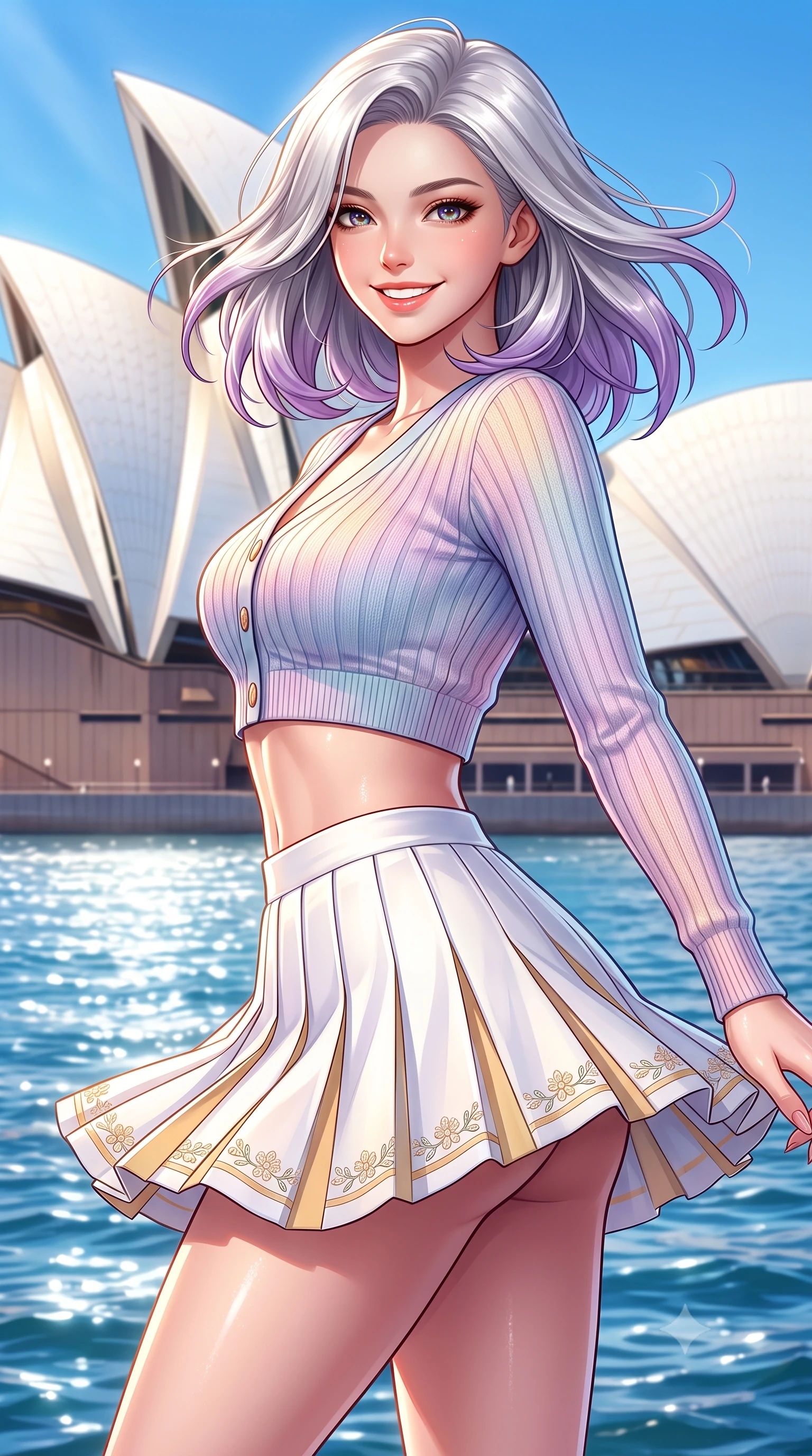 score_9, masterpiece, best quality, ultra-detailed, high-budget anime keyframe, semi-realistic 3D game render, editorial fashion photography, tasteful artistic composition, Caucasian woman. close-up cowboy shot from the waist and thighs up, the character dominates the composition, filling the frame with her large presence. turning playfully with a bright confident smile, her glossy hair tossing in the breeze as her hips angle gracefully in a captivating contrapposto while turning in an alluring dancer S-curve as harbour breezes whip her hair, the white sails of the Opera House gleaming behind her. The surrounding environment is rendered in vivid detail and crisp panoramic clarity. detailed sporty chic outfit weave, glistening sun highlights on skin, and Sydney harbour clarity in high resolution. She has an exceptionally elegant, slender, and willowy female figure with an ultra-slim waist, flat toned midriff, narrow ribcage, and sculpted feminine hips creating an alluring, slim hourglass silhouette without bulk. sharp v-shaped jawline, high-bridge nose, intricate jewel-like sparkling eyes with depth, thick eyelashes, glossy parted lips with a natural peach sheen, bright cheerful beaming smile with an enchanting and coquettish sensual glint, exuding both youthful cute charm and seductive allure, flawlessly proportioned anatomical accuracy, strict slender model proportions, natural body alignment, perfectly sculpted long slender limbs, ultra-slim waistline, clean dynamic posture without body distortion. wearing a cropped pastel ribbed knit cardigan paired with an ultra-short high-waisted pleated tennis skirt clinging tightly to her curvy hips in pure alabaster white and sun-kissed gold, crafted from liquid-tight stretch jersey emphasizing every curve, complemented by delicate embroidered floral trim along the hem, the form-contouring cut accentuating her sculpted flat midriff, narrow delicate ribcage, and gracefully curvy hips with supermodel precision. illuminated by intense specular sea reflections sharply carving her razor-sharp jawline, narrow waist, and curvy hips. highly saturated vibrant anime colors, detailed shading with soft gradients, rich glossy textures, high-contrast stereoscopic depth, volumetric dynamic lighting, master piece, 9:16 ratio