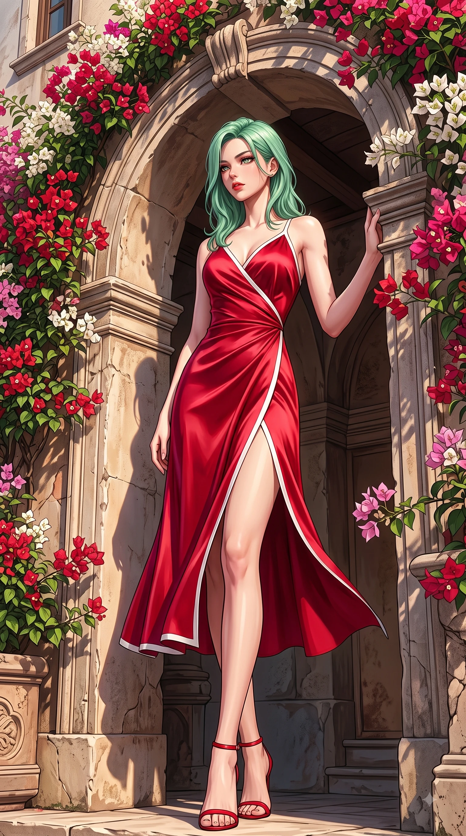score_9, masterpiece, best quality, ultra-detailed, high-budget anime keyframe, editorial fashion photography, tasteful artistic composition, Japanese woman. low angle full-body shot from head to toe showing her feet, filling the entire 9:16 vertical frame with her statuesque presence, stretching her vertical silhouette. Seductively magnetic look casting a fiery side-gaze with full glossy lips and smoldering glamour while leaning against a classic stone archway framed by trailing bougainvillea flowers. The surrounding environment is rendered in vivid detail and crisp panoramic clarity. vibrant bougainvillea blossoms, historic archways, and detailed architectural shadows in panoramic clarity. She has an absolutely perfect, statuesque 8.5-heads proportion, an exceptionally tall and slender model-like female figure with impossibly long slender legs and an ultra-slim waist. sharp v-shaped jawline, high-bridge nose, intricate jewel-like eyes with depth, thick eyelashes, glossy lips with a natural sheen, flawlessly proportioned anatomical accuracy, natural body alignment, perfectly sculpted elegant limbs, clean dynamic posture without body distortion. wearing a sleek ruby red wrap midi dress featuring a tasteful side leg slit in vibrant crimson red and crisp snow white, crafted from smooth liquid silk satin, finished with a sleek side slit ascending to mid-thigh, the fluid drape swaying gracefully with her dynamic editorial movement. illuminated by high-contrast directional key light and warm ambient reflections. highly saturated vibrant anime colors, detailed shading with soft gradients, rich glossy textures, high-contrast stereoscopic depth, volumetric dynamic lighting, master piece, 9:16 ratio