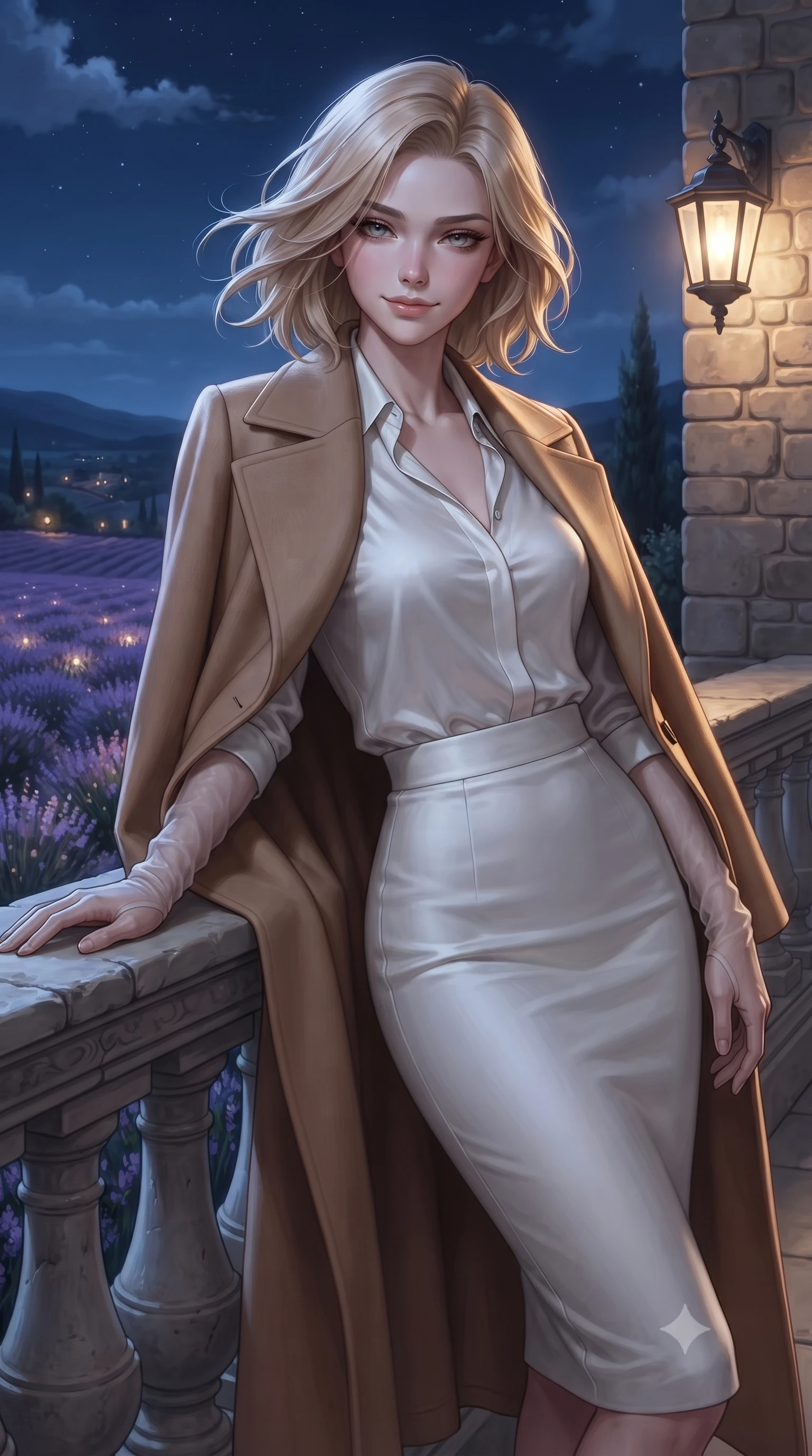 score_9, masterpiece, best quality, ultra-detailed, high-budget anime keyframe, editorial fashion photography, tasteful artistic composition, Caucasian woman. close-up cowboy shot from the waist and thighs up, the character dominates the composition, filling the frame with her large presence. turning slowly with an enchanting smoldering smile, her glossy hair tossing in the breeze as her hips angle gracefully in a captivating contrapposto while leaning against the carved stone balustrade with hips cocked back, looking out over the fragrant nocturnal plateau with heavy-lidded bedroom-eyes. The surrounding environment is rendered in vivid detail and crisp panoramic clarity: detailed garment drape, silhouette lines, and historic French stonecraft in razor-sharp precision. She has an exceptionally elegant, slender, and willowy female figure with an ultra-slim waist, flat toned midriff, narrow ribcage, and sculpted feminine hips creating an alluring, slim hourglass silhouette without bulk. sharp v-shaped jawline, high-bridge nose, intricate jewel-like sparkling eyes with depth, thick eyelashes, glossy parted lips with a natural peach sheen, bright cheerful beaming smile with an enchanting and coquettish sensual glint, exuding both youthful cute charm and seductive allure, flawlessly proportioned anatomical accuracy, strict slender model proportions, natural body alignment, perfectly sculpted long slender limbs, ultra-slim waistline, clean dynamic posture without body distortion. wearing a structured double-faced camel hair wrap coat draped over a tailored silk blouse and pencil skirt in pure translucent crystal white and liquid platinum, tailored from ultra-plush silk velvet with rich tactile depth and deep shadow gradients, complemented by sheer opera-length evening gloves tracing her slender arms, the bespoke structured tailoring following the natural line of her 8.5-heads silhouette with refined elegance. bathed in ethereal silver 4500K moonlight illuminating the lavender valley combined with warm 2400K stone wall lanterns. ultra-reflective glossy finish, specular highlights, rich textural contrasts, high-contrast stereoscopic depth, volumetric dynamic lighting, 2k, ultra detail, master piece, 9:16 ratio