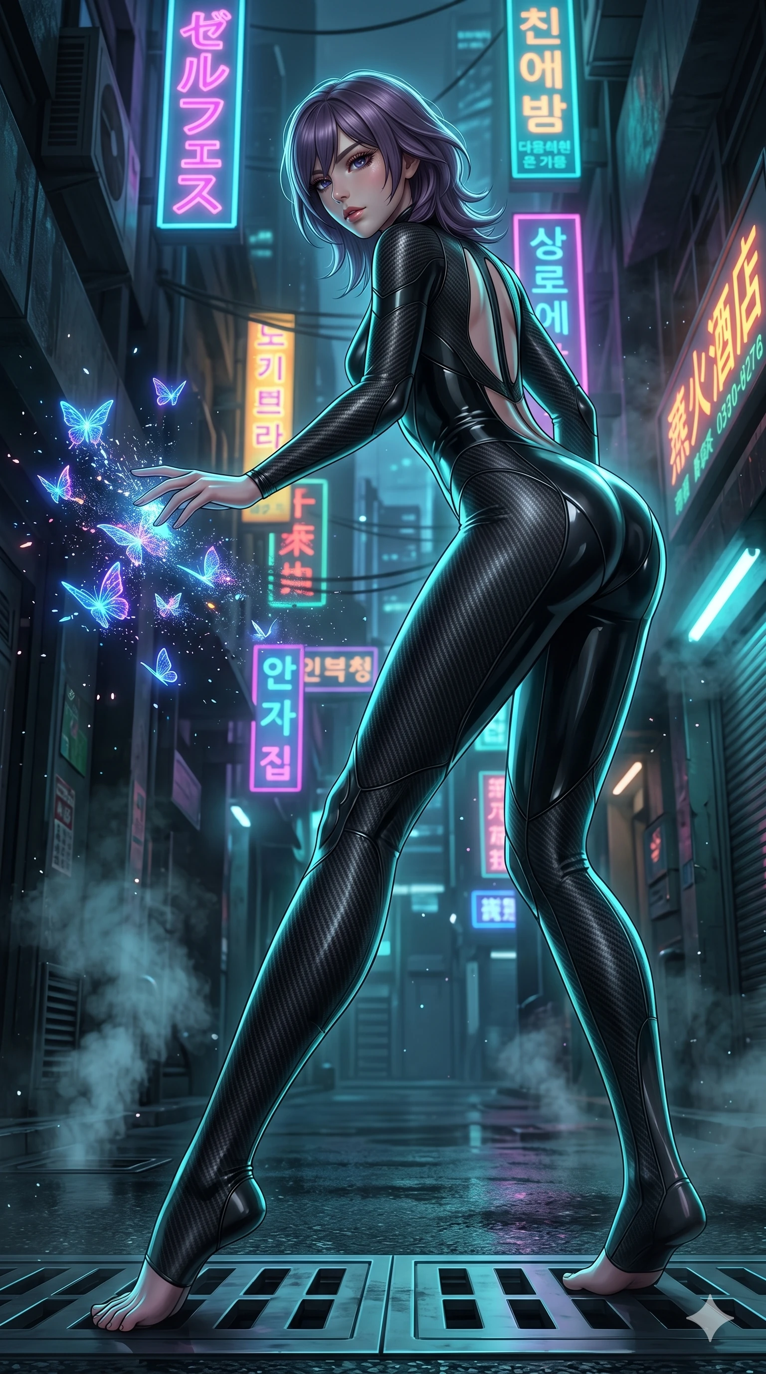 score_9, masterpiece, best quality, ultra-detailed, high-budget anime keyframe, editorial fashion photography, tasteful artistic composition, Japanese woman. low angle full-body shot from head to toe showing her feet, filling the entire 9:16 vertical frame with her statuesque presence, stretching her vertical silhouette. diving deep into through a futuristic metropolis alleyway with glowing neon signs and steam while glowing neon butterflies disintegrate into micro-sparks at her touch. She has an absolutely perfect 8-heads proportion, an exceptionally tall and slender female figure with impossibly long slender legs and an ultra-slim waist. V-shaped jawline, high-bridge nose, intricate jewel-like eyes with depth, thick eyelashes, glossy lips with a natural sheen.. wearing a body-conforming carbon fiber combat suit, featuring matte black carbon fiber and glossy latex panels with elegant slitted cutouts on the upper back. lit by a cool cybernetic cyan glow that highlights the contours of her slender form. 2k, ultra detail, master piece, 9:16 ratio