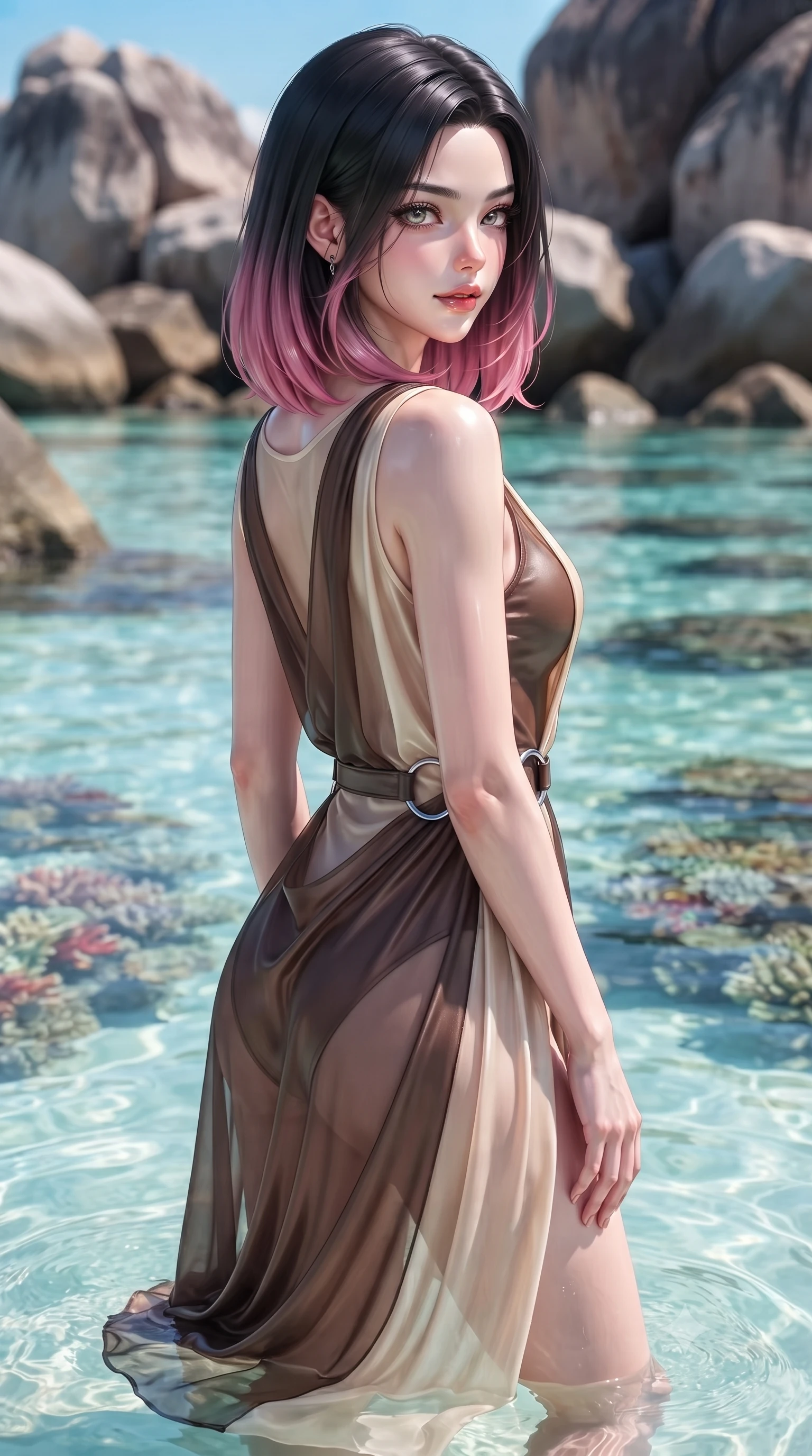 score_9, masterpiece, best quality, ultra-detailed, high-budget anime keyframe, editorial fashion photography, tasteful artistic composition, Korean woman. close-up cowboy shot from the waist and thighs up, the character dominates the composition, filling the frame with her large presence, background elements kept in soft focus. Glancing sidelong over her shoulder with a smoldering half-smile and heavy lashes wading in a shallow turquoise lagoon flanked by dramatic granite sea boulders, crystal-clear water revealing vibrant coral reefs beneath the surface. She has an exceptionally elegant, slender, and willowy female figure with an ultra-slim waist, a gracefully sculpted slender torso, and a refined silhouette. sharp v-shaped jawline, high-bridge nose, intricate jewel-like eyes with depth, thick eyelashes, glossy lips with a natural sheen. wearing a semi-opaque sheer overlay dress over a leather micro-bodysuit in espresso brown and warm cream, crafted from lustrous satin jersey with fluid draping, accented with delicate chrome ring hardware framing her waist, the sleek second-skin texture accentuating her magnetic presence. surrounded by a bright, pristine beach ambiance with sharp specular highlights. ultra-reflective glossy finish, specular highlights, metallic sheen, high-contrast stereoscopic depth, volumetric dynamic lighting, 2k, ultra detail, master piece, 9:16 ratio