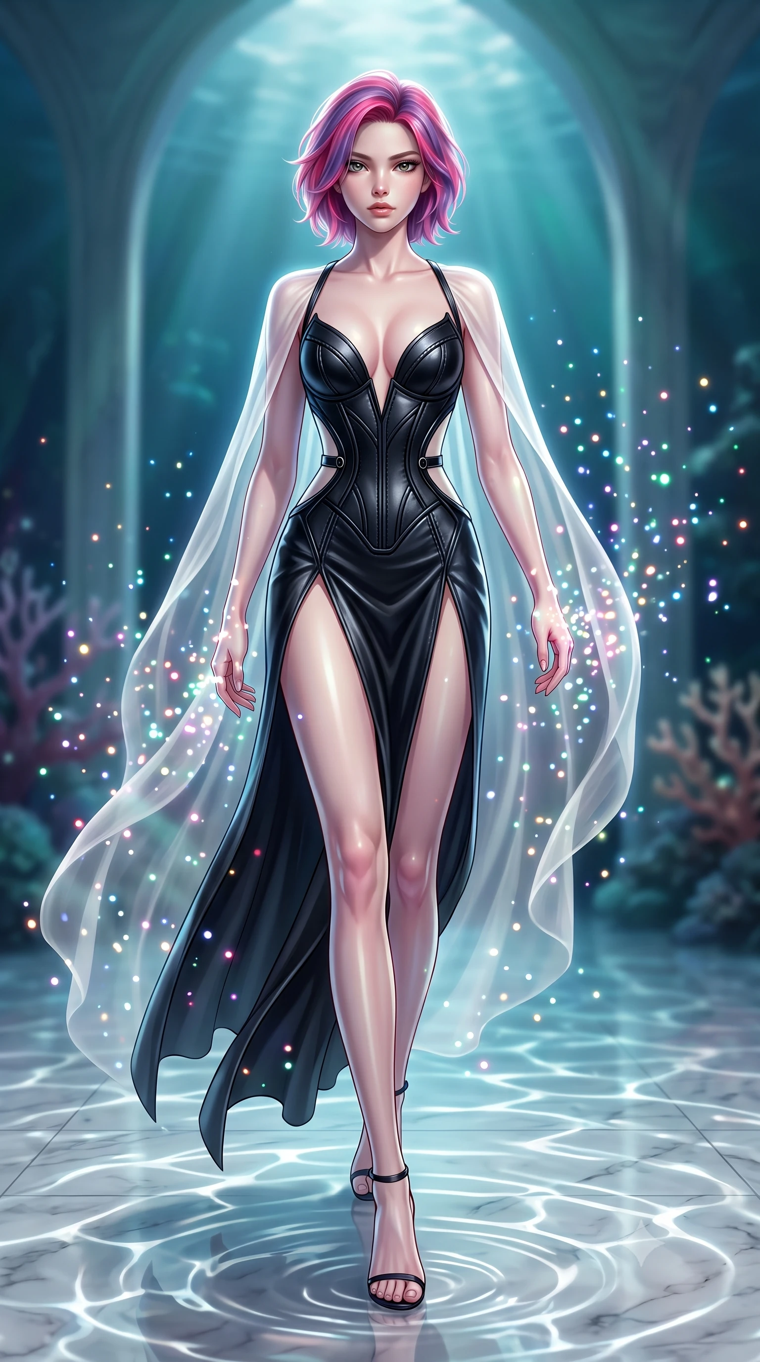 score_9, masterpiece, best quality, ultra-detailed, high-budget anime keyframe, editorial fashion photography, tasteful artistic composition, Caucasian woman. low angle full-body shot from head to toe showing her feet, filling the entire 9:16 vertical frame with her statuesque presence, stretching her vertical silhouette. interacting with glowing light particles, her long slender legs poised in motion, walking across a pearl-white marble floor illuminated by caustic water ripples, fluid movement of her body draped in semi-opaque sheer chiffon. She has an absolutely perfect, statuesque 8.5-heads proportion, an exceptionally tall and slender model-like female figure with impossibly long slender legs and an ultra-slim waist. sharp v-shaped jawline, high-bridge nose, intricate jewel-like eyes with depth, thick eyelashes, glossy lips with a natural sheen. wearing low-cut gothic structured bodice gown with high leg slit in pearl white, made of polished black leather, adorned with minimalist black onyx hardware framing the silhouette, highlighting her statuesque proportions and ultra-slim waistline. surrounded by an ethereal underwater aura with bright pearl rim lights. highly saturated vibrant anime colors, detailed shading with soft gradients, rich glossy textures, high-contrast stereoscopic depth, volumetric dynamic lighting, master piece, 9:16 ratio