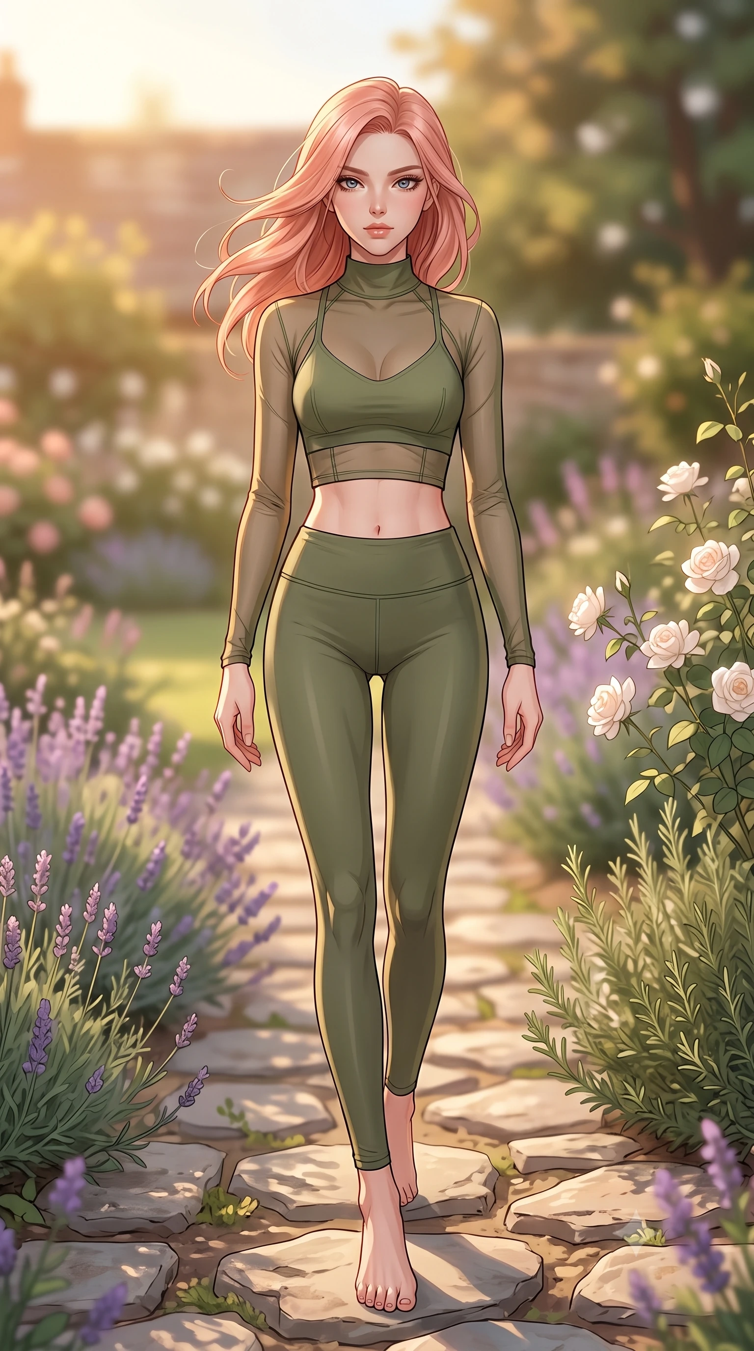 score_9, masterpiece, best quality, ultra-detailed, high-budget anime keyframe, editorial fashion photography, tasteful artistic composition, Japanese woman woman. low angle full-body shot from head to toe showing her feet, filling the entire 9:16 vertical frame with her statuesque presence, stretching her vertical silhouette. stepping gracefully across a stone path in the garden the background shows a soft-focus a path lined with lavender, rosemary, and white roses in a sunny cottage yard. She has an absolutely perfect, statuesque 8.5-heads proportion, an exceptionally tall and slender model-like female figure with impossibly long slender legs and an ultra-slim waist. sharp v-shaped jawline, high-bridge nose, intricate jewel-like eyes with depth, thick eyelashes, glossy lips with a natural sheen. wearing a body-hugging sheer mesh long-sleeve crop top in olive green, worn over a matching sports bra and leggings. warm golden hour afternoon light bathing the garden in warmth. 2k, ultra detail, master piece, 9:16 ratio