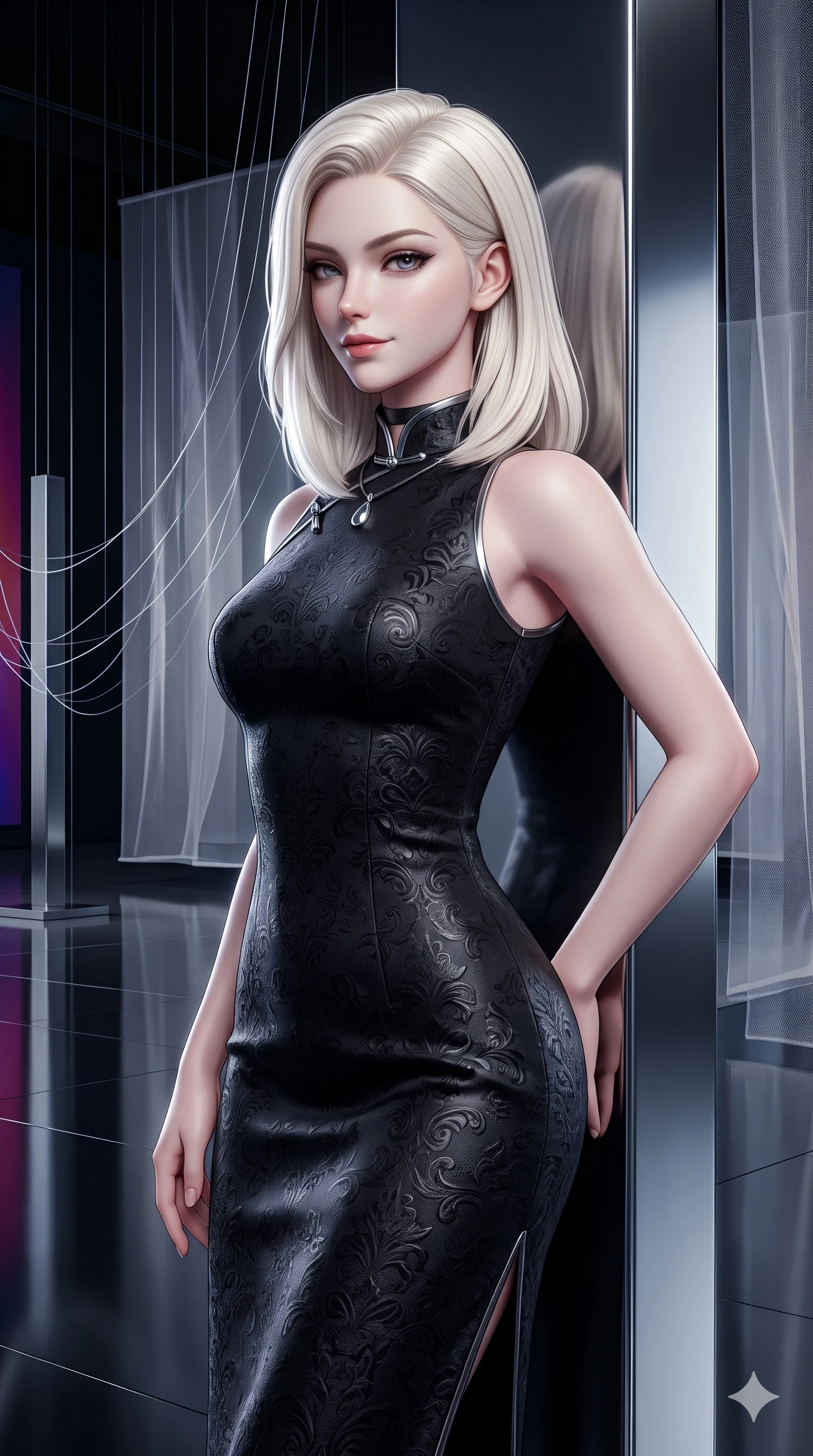score_9, masterpiece, best quality, ultra-detailed, high-budget anime keyframe, semi-realistic 3D game render, editorial fashion photography, tasteful artistic composition, Caucasian woman. close-up cowboy shot from the waist and thighs up, the character dominates the composition, filling the frame with her large presence. glancing sidelong over her shoulder with a smoldering, enigmatic half-smile that commands the frame while leaning back against the mirror-finish gallery pylon with hips cocked back, casting an intoxicating, sultry bedroom-gaze over her shoulder. The surrounding environment is rendered in vivid detail and crisp panoramic clarity: sharp sheer silk weave translucency, hanging monofilament wire lines, and mirror-polished floor clarity in deep focus. She has an exceptionally elegant, slender, and willowy female figure with an ultra-slim waist, flat toned midriff, narrow ribcage, and sculpted feminine hips creating an alluring, slim hourglass silhouette without bulk. sharp v-shaped jawline, high-bridge nose, intricate jewel-like dark sparkling eyes with hypnotic seductive depth, thick curled eyelashes, glossy parted lips with a natural wine sheen, alluring bedroom-eyes with an enigmatic smoldering smile, exuding magnetic sovereign charisma and dark avant-garde glamour, flawlessly proportioned anatomical accuracy, strict slender model proportions, natural body alignment, perfectly sculpted long slender limbs, ultra-slim waistline, clean dynamic posture without body distortion. wearing a structured obsidian brocade evening dress with high mandarin collar in liquid mercury chrome and smoky quartz, tailored from rich silk jacquard with subtle embossed baroque patterns, finished with a minimalist dark choker and a single teardrop pendant, accentuating her gracefully sculpted slender torso and statuesque proportions. illuminated by polished gallery floor bounce and sharp diamond-platinum rim lights sculpting her razor-sharp jawline, narrow waist, and curvy hips. highly saturated vibrant anime colors, detailed shading with soft gradients, rich glossy textures, high-contrast stereoscopic depth, volumetric dynamic lighting, master piece, 9:16 ratio