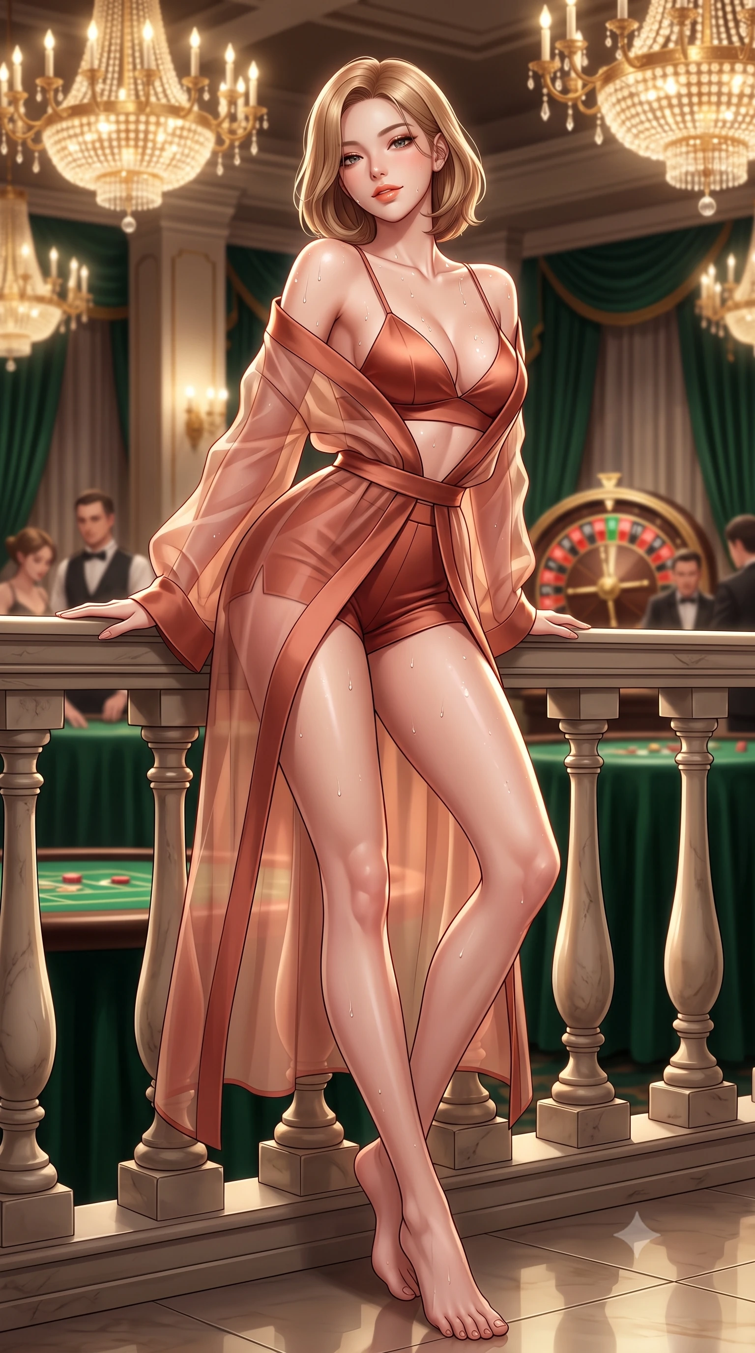 score_9, masterpiece, best quality, ultra-detailed, high-budget anime keyframe, semi-realistic 3D game render, editorial fashion photography, tasteful artistic composition, Korean woman. low angle full-body shot from head to toe showing her feet, filling the entire 9:16 vertical frame with her statuesque presence, stretching her vertical silhouette. leaning deep against the balcony balustrade with hips cocked back in an unapologetically alluring high-fashion stance, casting an intoxicating glance while twisting her slender torso in an alluring contrapposto stance, glittering gold chandeliers and deep green velvet reflections sculpting her curves. The background shows a soft-focus croupier wheel blur softened in ultra-exclusive high-stakes shallow focus. She has an absolutely perfect, statuesque 8.5-heads proportion, an exceptionally tall and slender model-like female figure with impossibly long slender legs, an ultra-slim waist, a flat toned midriff, narrow delicate ribcage, and beautifully sculpted feminine hips creating a graceful, slim hourglass silhouette without any bulky heaviness. sharp v-shaped jawline, high-bridge nose, sparkling eyes with hypnotic seductive depth, thick curled eyelashes, glossy parted lips with a natural dewy peach sheen, alluring bedroom-eyes with an enchanting coquettish smile, exuding magnetic siren charisma and sophisticated glamour, flawlessly proportioned anatomical accuracy, strict slender model proportions, natural body alignment, perfectly sculpted long slender limbs, ultra-slim waistline, clean dynamic posture without body distortion. wearing a sheer silk organza modern kimono robe worn loose and slipping off bare shoulders over a matching satin bralette and micro-shorts in Positano terracotta and blush peach, tailored from fine structural neoprene with crisp architectural edges and smooth contouring, finished with glistening drops of hot spring or lagoon water beading across her sculpted shoulders and collarbones, the glove-like clinging cut tightly following the natural contour of her hips and long slender legs with youthful 8.5-heads elegance. bathed in brilliant warm 2900K crystal chandelier light spilling from towering ceilings mixed with focused table downlights. highly saturated vibrant anime colors, detailed shading with soft gradients, rich glossy textures, high-contrast stereoscopic depth, volumetric dynamic lighting, master piece, 9:16 ratio