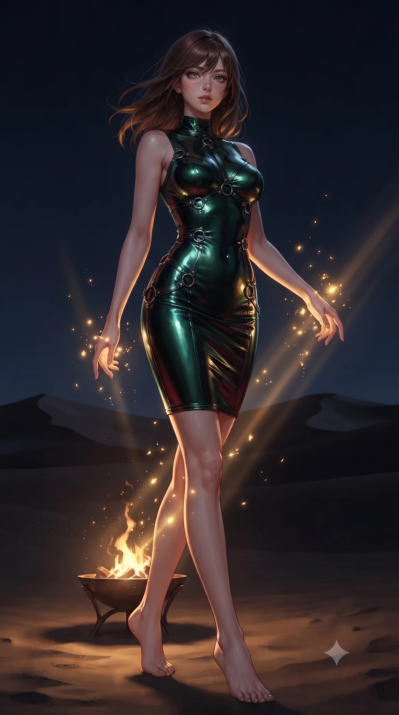 score_9, masterpiece, best quality, ultra-detailed, high-budget anime keyframe, editorial fashion photography, tasteful artistic composition, Korean woman. low angle full-body shot from head to toe showing her feet, filling the entire 9:16 vertical frame with her statuesque presence, stretching her vertical silhouette. interacting with glowing light particles, her long slender legs poised in motion, poised near a flickering bronze brazier as night wind blows over dark dunes, flickering bronze brazier light casting warm golden rays across her body. She has an absolutely perfect, statuesque 8.5-heads proportion, an exceptionally tall and slender model-like female figure with impossibly long slender legs and an ultra-slim waist. sharp v-shaped jawline, high-bridge nose, intricate jewel-like eyes with depth, thick eyelashes, glossy lips with a natural sheen. wearing form-contouring dark crimson liquid silk long slip dress in deep emerald green, made of polished black leather, trimmed with dark chrome ring hardware along the waist contours, highlighting her statuesque proportions and ultra-slim waistline. bathed in dramatic golden-amber and deep desert sky contrast. ultra-reflective glossy finish, specular highlights, metallic sheen, high-contrast stereoscopic depth, volumetric dynamic lighting, 2k, ultra detail, master piece, 9:16 ratio