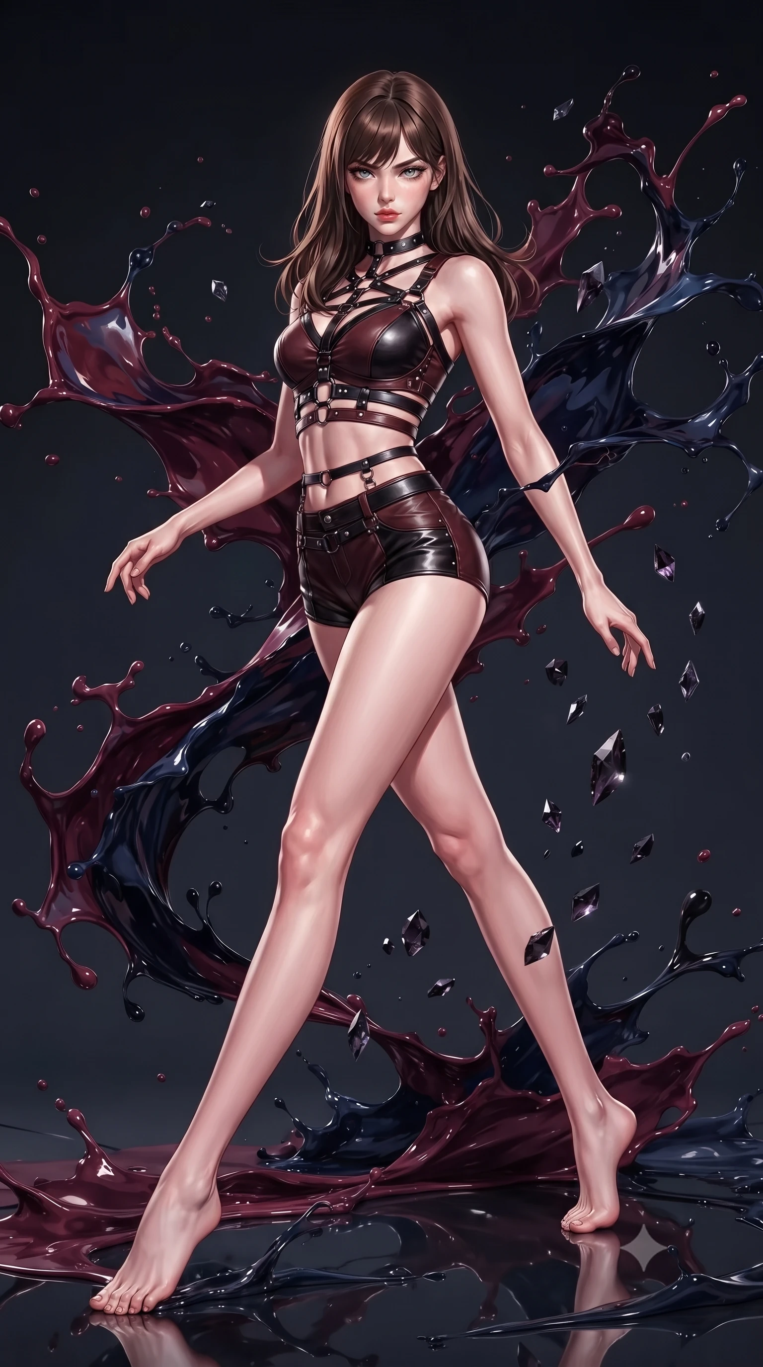 score_9, masterpiece, best quality, ultra-detailed, high-budget anime keyframe, editorial fashion photography, tasteful artistic composition, Korean woman. low angle full-body shot from head to toe showing her feet, filling the entire 9:16 vertical frame with her statuesque presence, stretching her vertical silhouette. interacting with floating dark crystal particles, her long slender legs poised in motion, poised on a dark reflective glass floor drenched in dark fluid paint splashes, viscous swirls of dark burgundy, navy, and obsidian paint frozen mid-air. She has an absolutely perfect, statuesque 8.5-heads proportion, an exceptionally tall and slender model-like female figure with impossibly long slender legs and an ultra-slim waist. sharp v-shaped jawline, high-bridge nose, intricate jewel-like eyes with depth, thick eyelashes, glossy lips with a natural sheen. wearing high-cut micro-shorts and crop top set with dark leather harness in dark mahogany, made of polished black leather, adorned with minimalist black onyx hardware framing the silhouette, highlighting her statuesque proportions and ultra-slim waistline. lit by single intense key ray accentuating liquid paint contours. highly saturated vibrant anime colors, detailed shading with soft gradients, rich glossy textures, high-contrast stereoscopic depth, volumetric dynamic lighting, master piece, 9:16 ratio