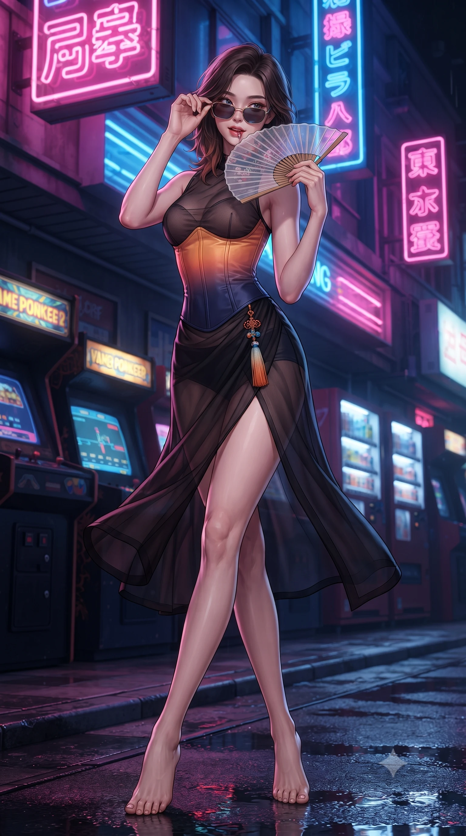 score_9, masterpiece, best quality, ultra-detailed, high-budget anime keyframe, editorial fashion photography, tasteful artistic composition, Korean woman. low angle full-body shot from head to toe showing her feet, filling the entire 9:16 vertical frame with her statuesque presence, stretching her vertical silhouette. executing a slow, graceful pivot turn as her skirt sways around her slender legs, glancing back with an enchanting, teasing sensual expression while twisting her slender torso in an alluring contrapposto stance beneath hanging neon signs, fingers adjusting her retro sunglasses with a smirk. The surrounding environment is rendered in vivid detail and crisp panoramic clarity: sharp wet pavement reflection clarity, vintage arcade marquee typography, and vending machine can slots in deep focus. She has an absolutely perfect, statuesque 8.5-heads proportion, an exceptionally tall and slender model-like female figure with impossibly long slender legs, an ultra-slim waist, a flat toned midriff, narrow delicate ribcage, and beautifully sculpted feminine hips creating a graceful, slim hourglass silhouette without any bulky heaviness. sharp v-shaped jawline, high-bridge nose, sparkling eyes with hypnotic seductive depth, thick curled eyelashes, glossy parted lips with a natural dewy peach sheen, alluring bedroom-eyes with an enchanting coquettish smile, exuding magnetic siren charisma and sophisticated glamour, flawlessly proportioned anatomical accuracy, strict slender model proportions, natural body alignment, perfectly sculpted long slender limbs, ultra-slim waistline, clean dynamic posture without body distortion. wearing a sheer black gauze norigae slip dress worn over a liquid satin undergarment, hugging her flat midriff and hourglass curves in sunset tangerine orange and deep navy indigo, woven from buttery-soft stretch lambskin leather adhering to her body like a second skin, finished with a transparent silk folding fan held gracefully near her glossy parted lips, the high-slit wrap tailoring accentuating her ultra-slim waistline and the enchanting curve of her feminine hips with alluring seductive charm. bathed in saturated neon pink and cobalt blue light spilling horizontally from arcade marquees. ultra-reflective glossy finish, specular highlights, rich textural contrasts, high-contrast stereoscopic depth, volumetric dynamic lighting, 2k, ultra detail, master piece, 9:16 ratio
