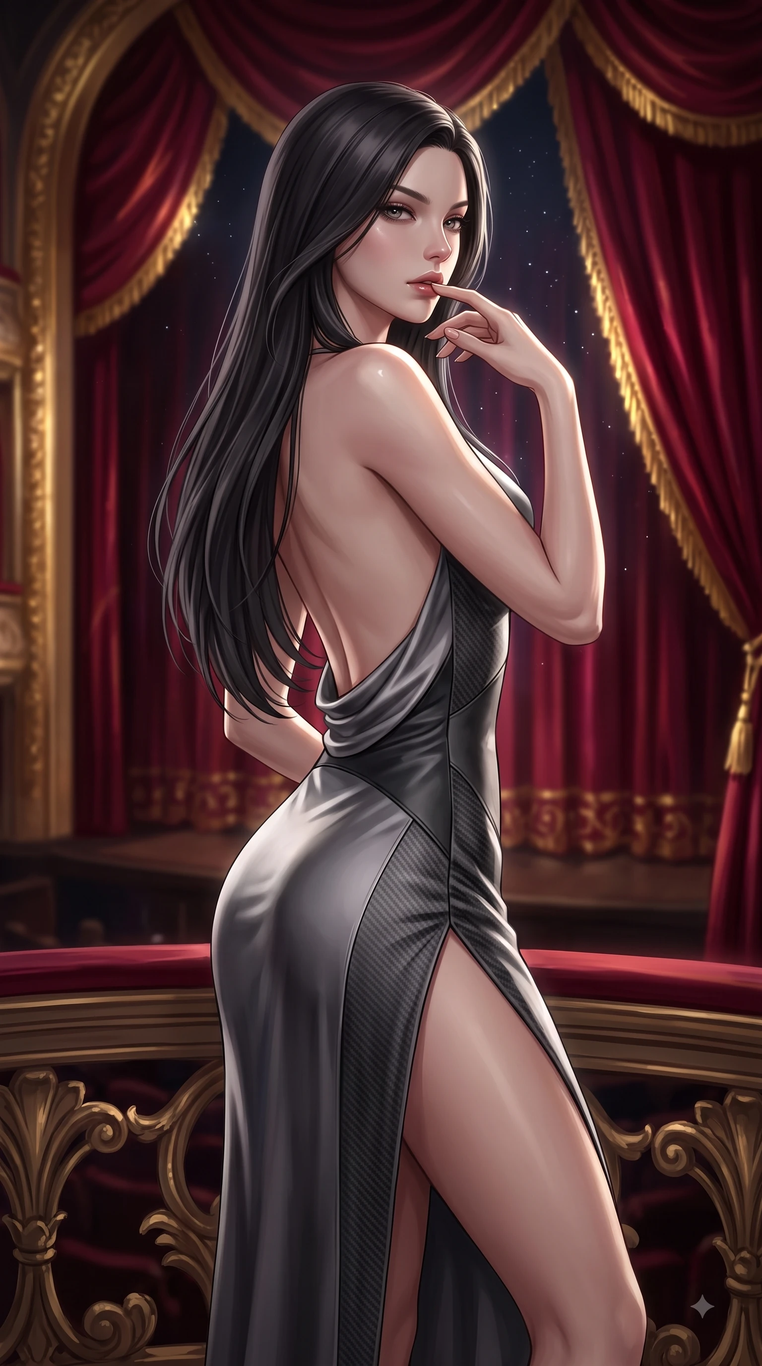 score_9, masterpiece, best quality, ultra-detailed, high-budget anime keyframe, editorial fashion photography, tasteful artistic composition, Korean woman. close-up cowboy shot from the waist and thighs up, the character dominates the composition, filling the frame with her large presence, background elements kept in soft focus. Resting two fingers near her glossy lips, casting a sharp mysterious side-gaze during her dynamic motion while pivoting dynamically on an opera balcony as deep space starlight illuminates her bare back, rich crimson velvet curtains catching dramatic gold-leaf trim highlights. She has an exceptionally elegant, slender, and willowy female figure with an ultra-slim waist, a gracefully sculpted slender torso, and a refined silhouette. sharp v-shaped jawline, high-bridge nose, intricate jewel-like eyes with depth, thick eyelashes, glossy lips with a natural sheen, flawlessly proportioned anatomical accuracy, natural body alignment, perfectly sculpted elegant limbs, clean dynamic posture without body distortion. wearing an elegant cowl-neck satin midi dress with a graceful draped neckline in charcoal grey and platinum, made of fine carbon-fiber weave and soft matte leather, finished with a sleek side slit ascending to mid-thigh, the sleek second-skin texture accentuating her magnetic presence. surrounded by an opulent, dramatic opera box atmosphere with deep chiaroscuro. ultra-reflective glossy finish, specular highlights, metallic sheen, high-contrast stereoscopic depth, volumetric dynamic lighting, 2k, ultra detail, master piece, 9:16 ratio