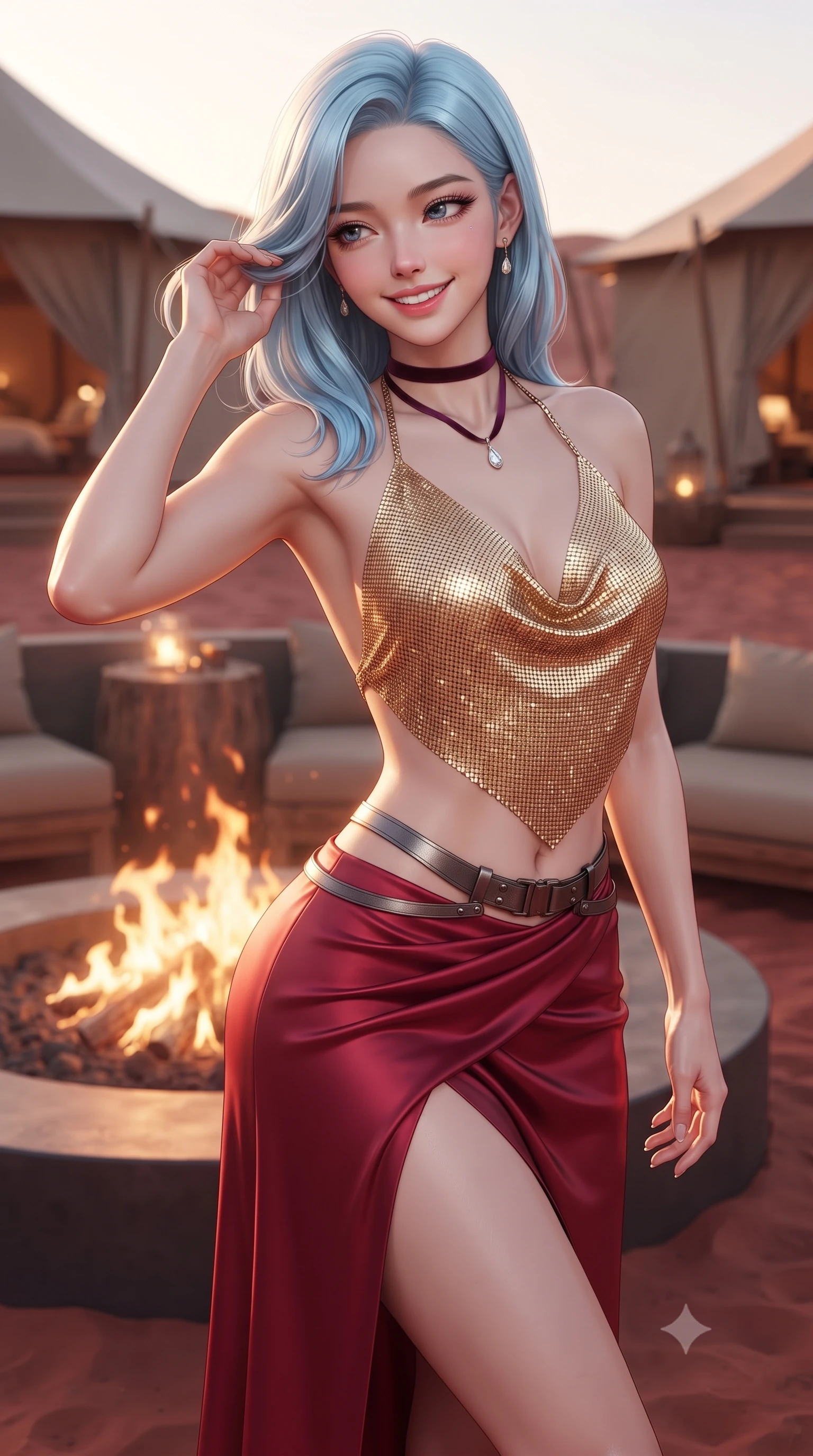 score_9, masterpiece, best quality, ultra-detailed, high-budget anime keyframe, editorial fashion photography, tasteful artistic composition, Korean woman. close-up cowboy shot from the waist and thighs up, the character dominates the composition, filling the frame with her large presence. gently brushing a lock of hair behind her ear while casting a playful, flirtatious side-gaze with long eyelashes while twisting her slender torso in an alluring S-curve beside the sunken fire pit, dancing flames casting warm chiaroscuro contours over her curves. The surrounding environment is rendered in vivid detail and crisp panoramic clarity: detailed metallic lame wrap top texture, bare midriff contour, and luxury glamping craft in high resolution. She has an exceptionally elegant, slender, and willowy female figure with an ultra-slim waist, flat toned midriff, narrow ribcage, and sculpted feminine hips creating an alluring, slim hourglass silhouette without bulk. sharp v-shaped jawline, high-bridge nose, intricate jewel-like sparkling eyes with depth, thick eyelashes, glossy parted lips with a natural peach sheen, bright cheerful beaming smile with an enchanting and coquettish sensual glint, exuding both youthful cute charm and seductive allure, flawlessly proportioned anatomical accuracy, strict slender model proportions, natural body alignment, perfectly sculpted long slender limbs, ultra-slim waistline, clean dynamic posture without body distortion. wearing a shimmering liquid gold chainmail halter cowl top paired with a draped high-slit silk maxi skirt and waist harness in rich ruby crimson and dark brushed titanium, woven from stretch metallic lurex jersey casting radiant starlight glints across her curves, finished with a thin velvet ribbon choker and a single teardrop diamond pendant, the glove-like clinging cut tightly following the natural contour of her hips and long slender legs with youthful 8.5-heads elegance. illuminated by red sand reflection bounce and sharp copper-gold rim lights sculpting her cheekbones, flat midriff, and slender waist. ultra-reflective glossy finish, specular highlights, rich textural contrasts, high-contrast stereoscopic depth, volumetric dynamic lighting, 2k, ultra detail, master piece, 9:16 ratio