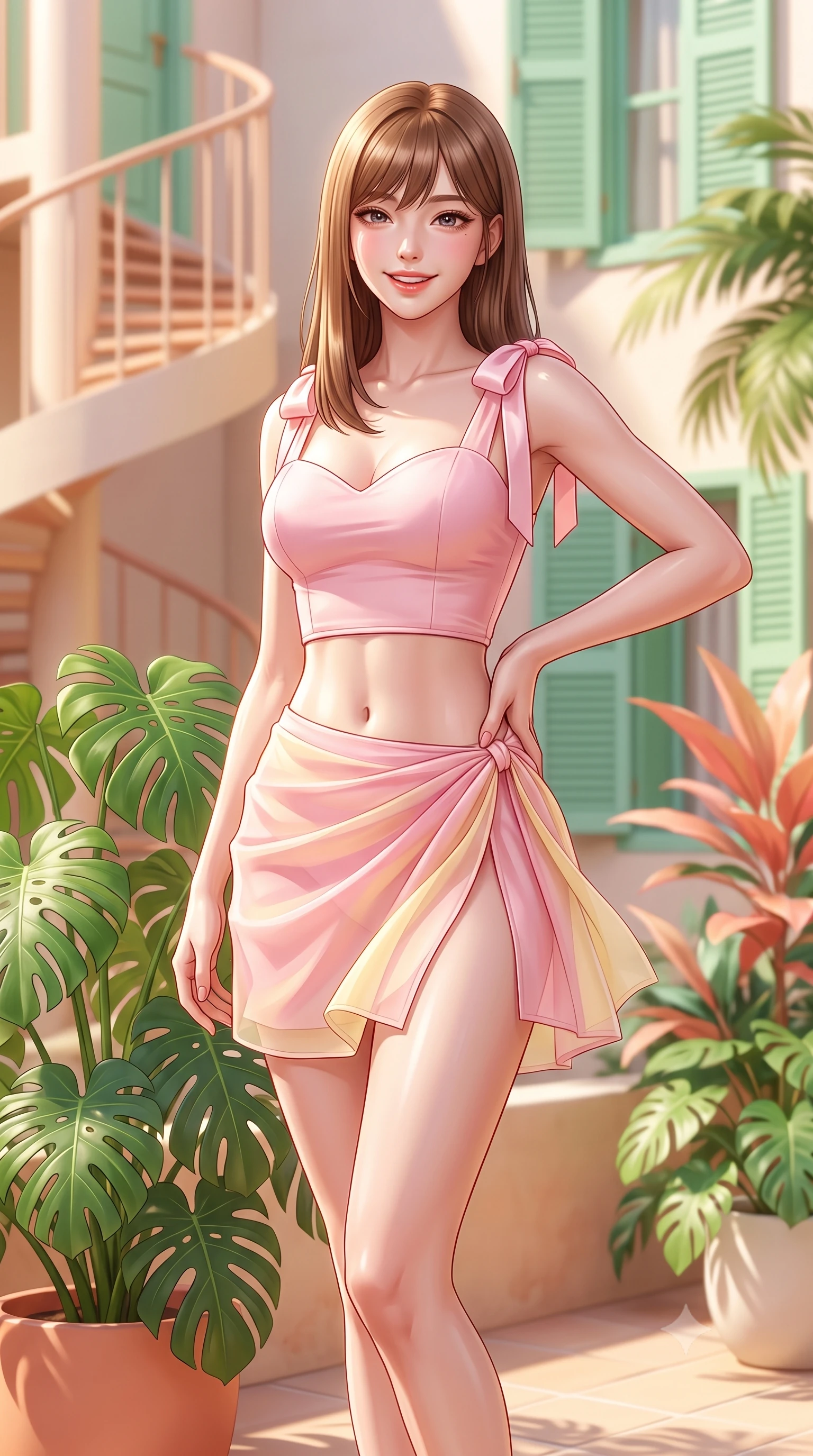 score_9, masterpiece, best quality, ultra-detailed, high-budget anime keyframe, semi-realistic 3D game render, editorial fashion photography, tasteful artistic composition, Korean woman. close-up cowboy shot from the waist and thighs up, the character dominates the composition, filling the frame with her large presence. twisting her slender torso in an alluring contrapposto stance, one hand resting on her sculpted hip while flashing a radiant, playful smile with parted glossy lips while standing poised beside giant potted monsteras on the sunlit terrace, twisting her slender torso in an alluring contrapposto stance. The composition keeps background elements in soft focus with dreamy creamy bokeh. curved art deco spiral staircases, pastel green window shutters, and lush potted tropical foliage blurred into mint, coral, and cream bokeh. She has an exceptionally elegant, slender, and willowy female figure with an ultra-slim waist, flat toned midriff, narrow ribcage, and sculpted feminine hips creating an alluring, slim hourglass silhouette without bulk. sharp v-shaped jawline, high-bridge nose, intricate jewel-like sparkling eyes with depth, thick eyelashes, glossy parted lips with a natural peach sheen, bright cheerful beaming smile with an enchanting and coquettish sensual glint, exuding both youthful cute charm and seductive allure, flawlessly proportioned anatomical accuracy, strict slender model proportions, natural body alignment, perfectly sculpted long slender limbs, ultra-slim waistline, clean dynamic posture without body distortion. wearing a sweetheart-neckline baby-pink crop top with a high-slit wrap mini skirt accentuating her waist-to-hip curve in sweet strawberry milk pink and butter yellow, woven from layered gossamer organza with weightless flutter, finished with cute satin bow ribbons tying at the shoulders, the form-fitting cut adhering flawlessly to her sculpted flat midriff and slender torso, emphasizing her long leg lines and perfectly proportioned willowy build. bathed in warm, luminous tropical morning sunlight streaming into the secluded courtyard. highly saturated vibrant anime colors, detailed shading with soft gradients, rich glossy textures, high-contrast stereoscopic depth, volumetric dynamic lighting, master piece, 9:16 ratio