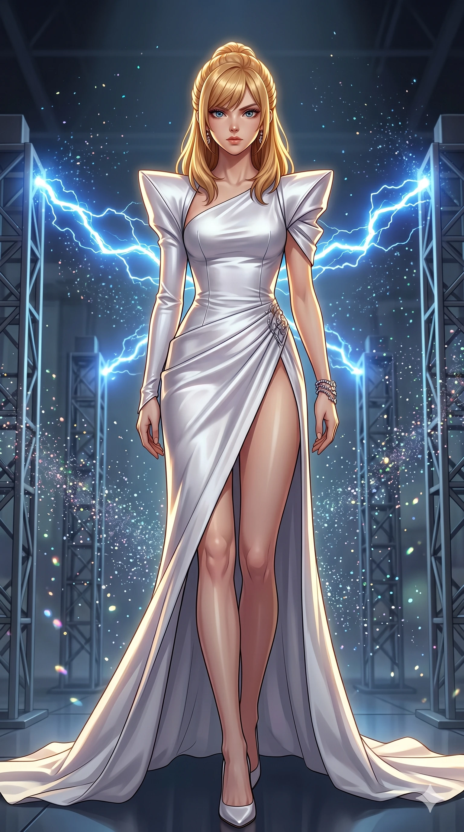 score_9, masterpiece, best quality, ultra-detailed, high-budget anime keyframe, editorial fashion photography, tasteful artistic composition, Caucasian woman, strictly human ears. low angle full-body shot from head to toe showing her feet, filling the entire 9:16 vertical frame with her statuesque presence, stretching her vertical silhouette. Walking forward in slow-motion, her vertical silhouette dominating the center of the frame inside a tech-fantasy laboratory where blue electricity arcs jump between metal towers, with iridescent dust particles suspended in mid-air. She has an absolutely perfect 8-heads proportion, an exceptionally tall and slender female figure with impossibly long slender legs and an ultra-slim waist. V-shaped jawline, high-bridge nose, intricate jewel-like eyes with depth, thick eyelashes, glossy lips with a natural sheen. wearing an asymmetric white satin dress with a single structured shoulder and a dramatic side slit. lit by dramatic chiaroscuro with a single golden key light carving her facial contours and figure. 2k, ultra detail, master piece, 9:16 ratio